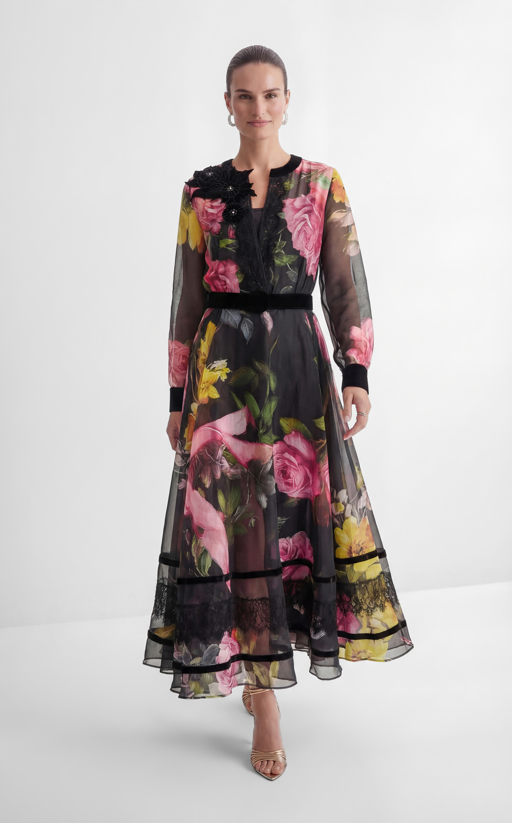 Softly Charming Black Floral Print Velvet Cuff Maxi Dress