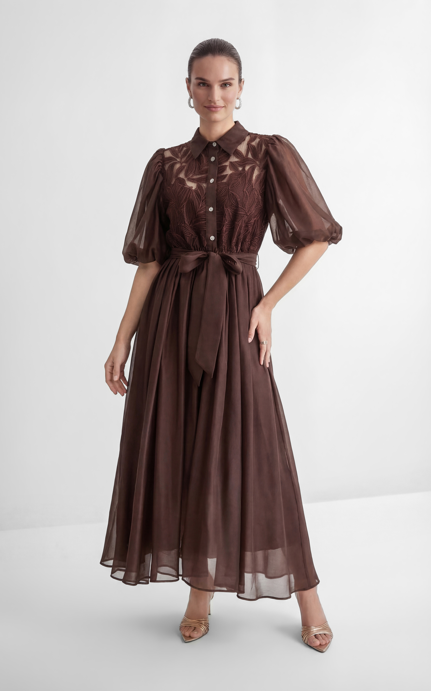 Breezy Wanderings Brown Leaf Embroidered Puff Sleeve Maxi Dress