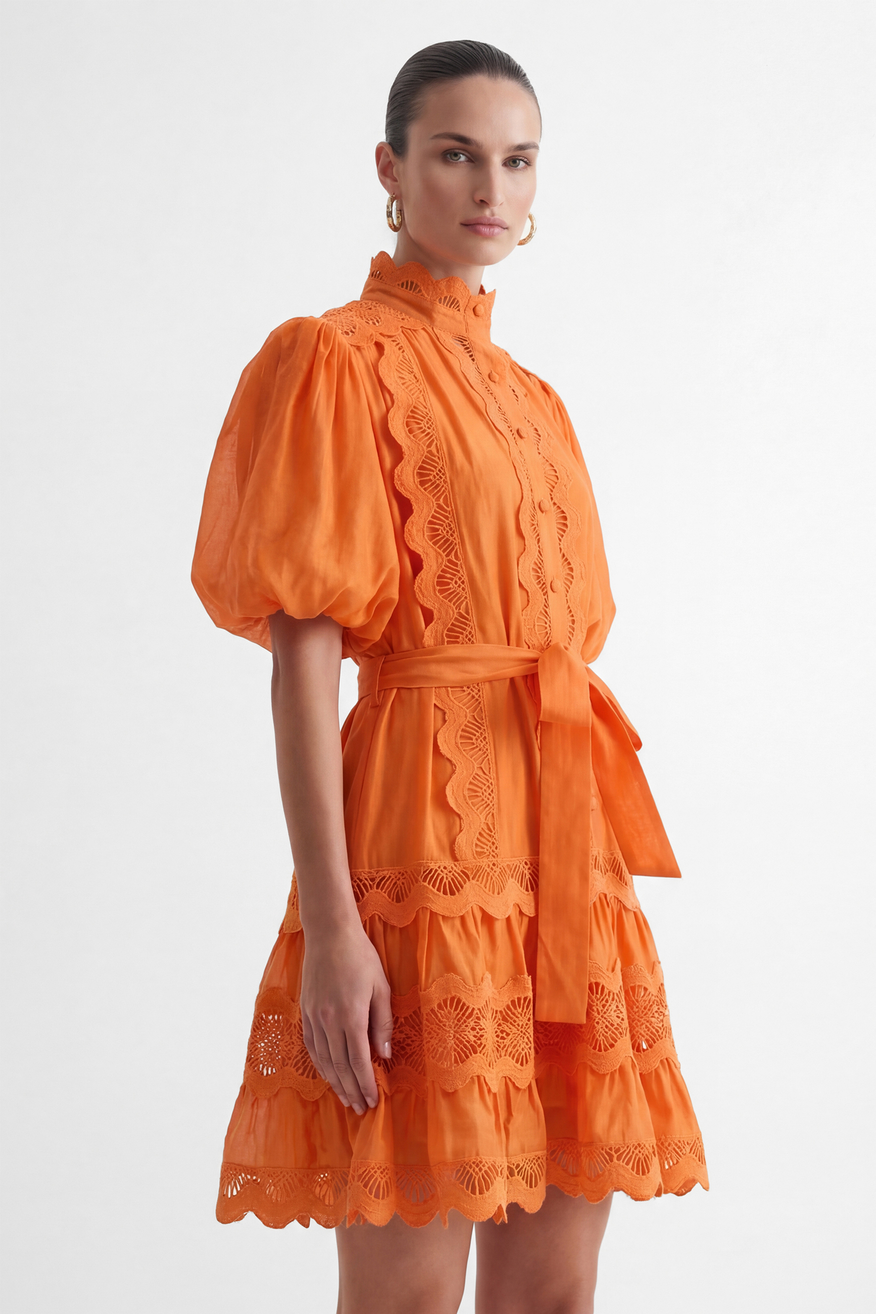 Gorgeous Essence Orange Lace Trim Tiered Mini Dress