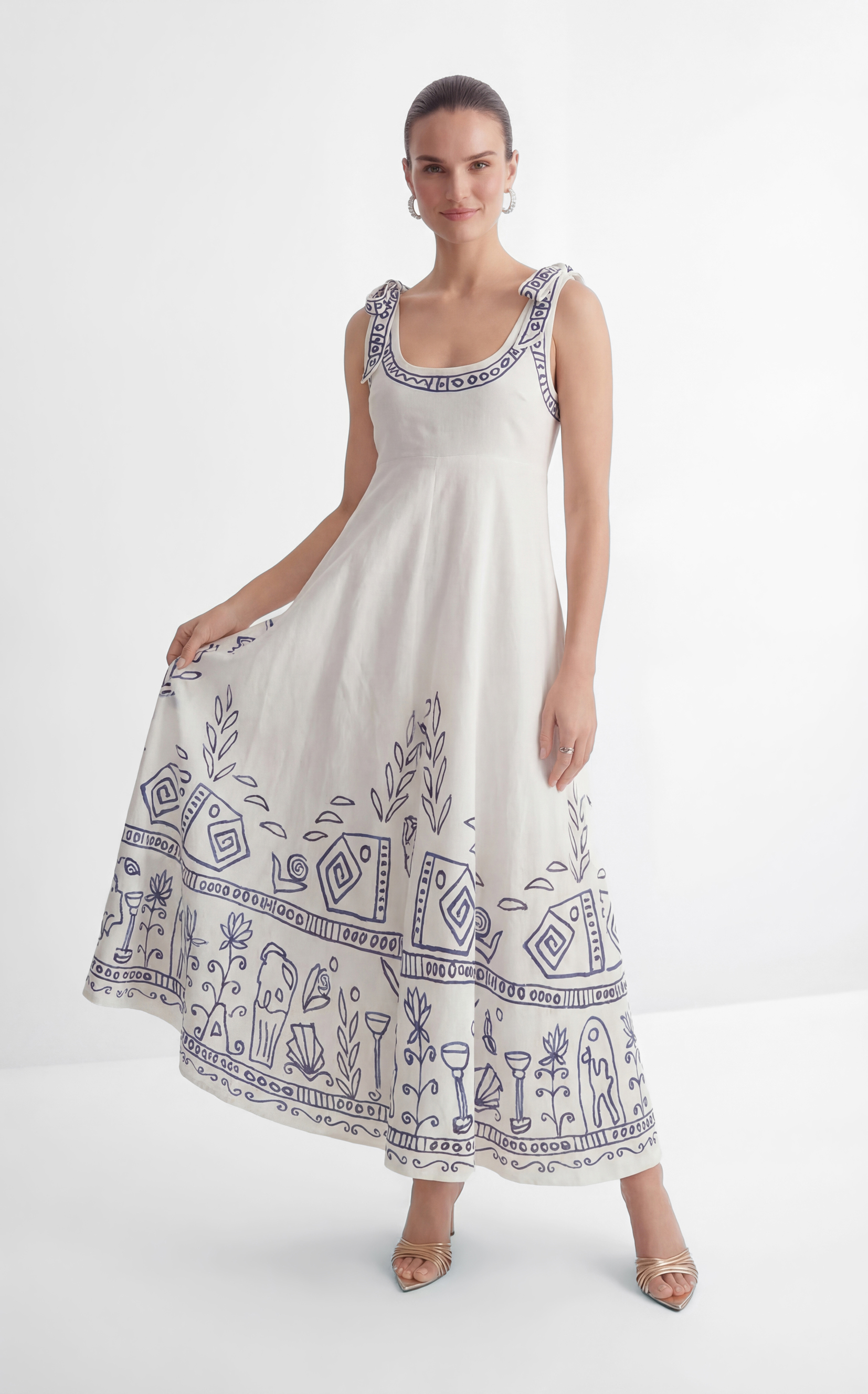 Garden Explorer White Printed Bow Strap Maxi Dress