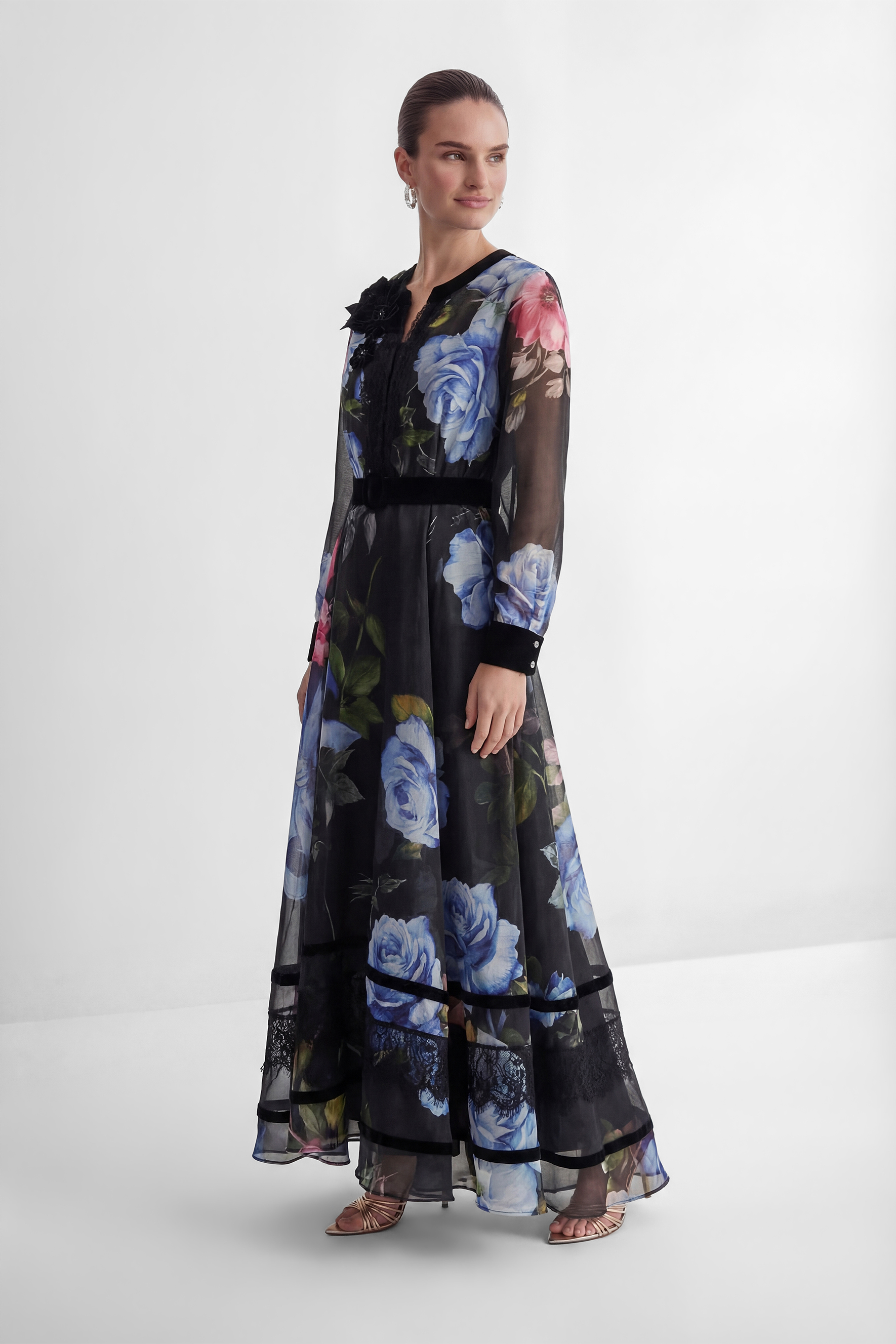 Antique Roses Black Floral Applique Sheer Sleeve Maxi Dress