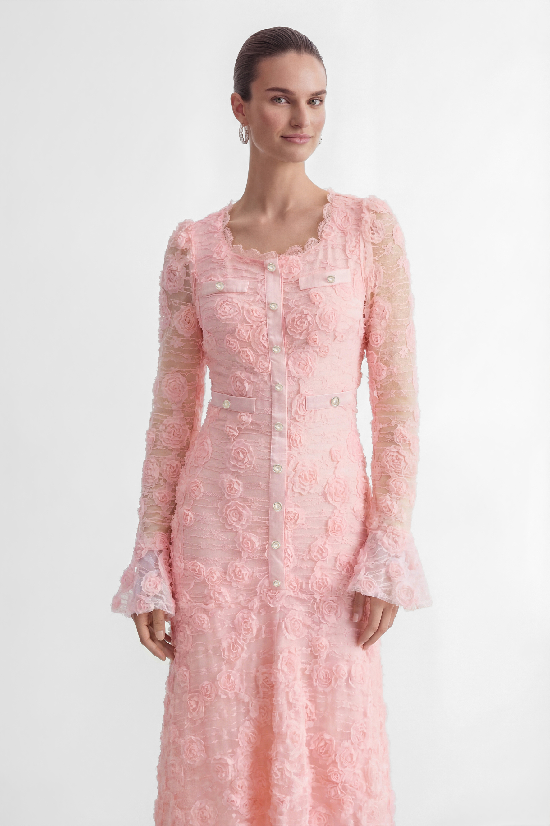 Grace and Beauty Pink Rose Applique Maxi Dress