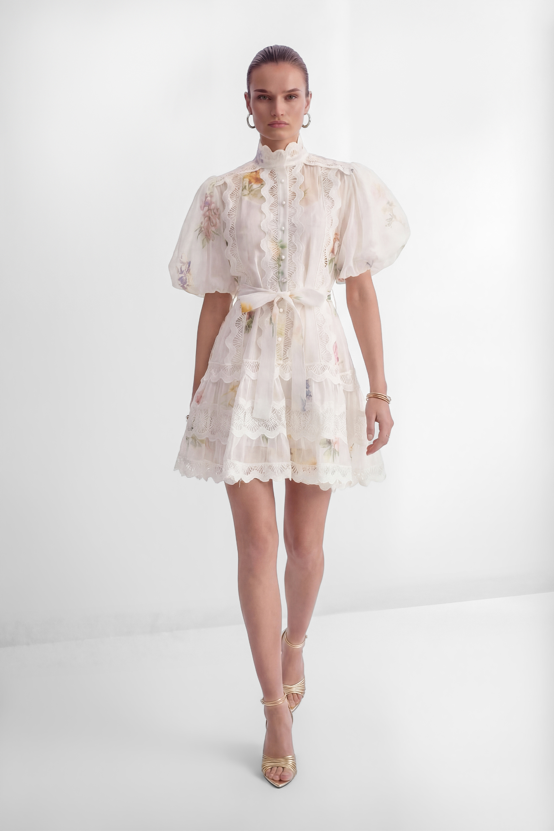 Whimsical Beauty Cream White Floral Print Lace Trim Mini Dress