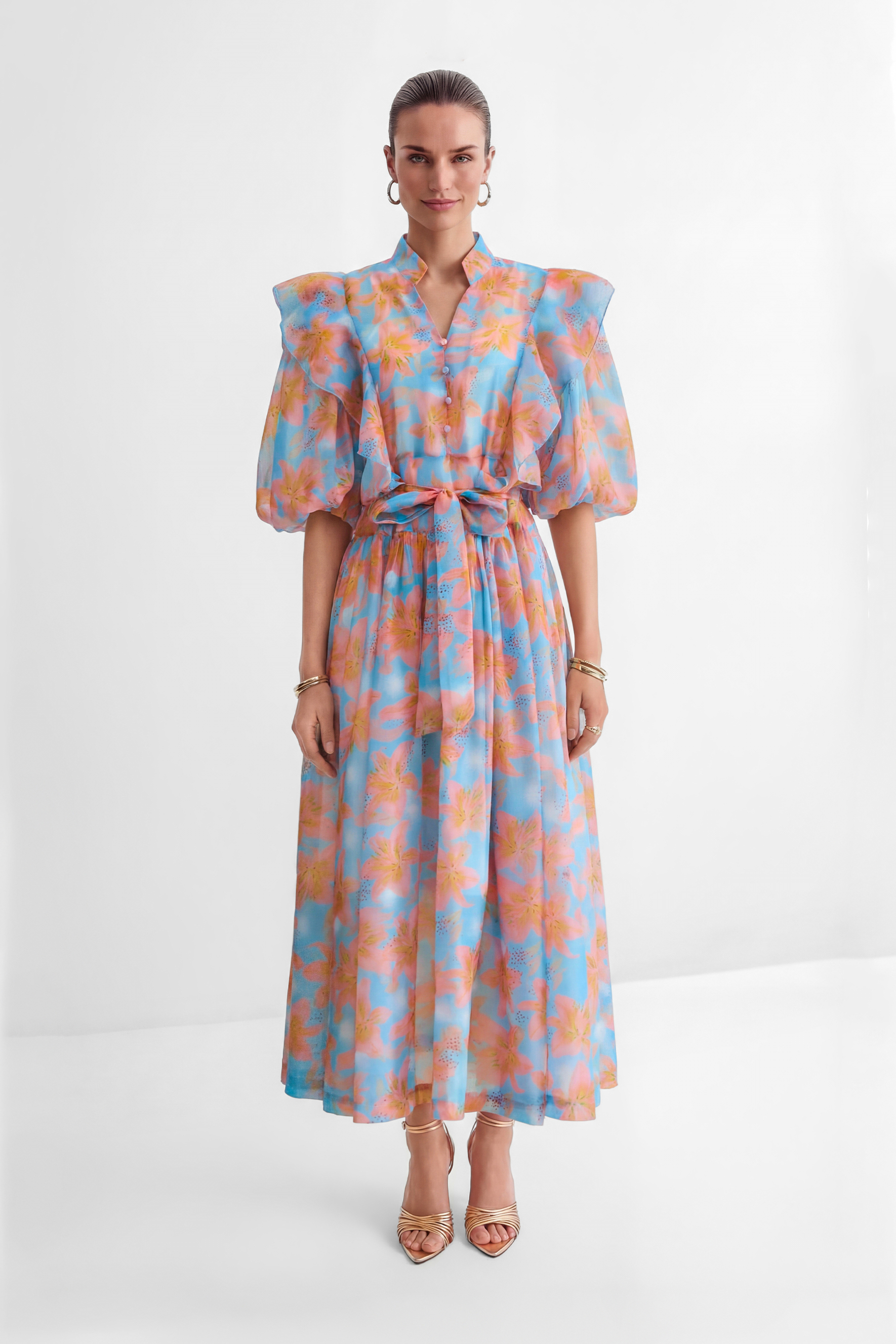 Every Sunny Moment Blue Floral Print Ruffled Maxi Dress