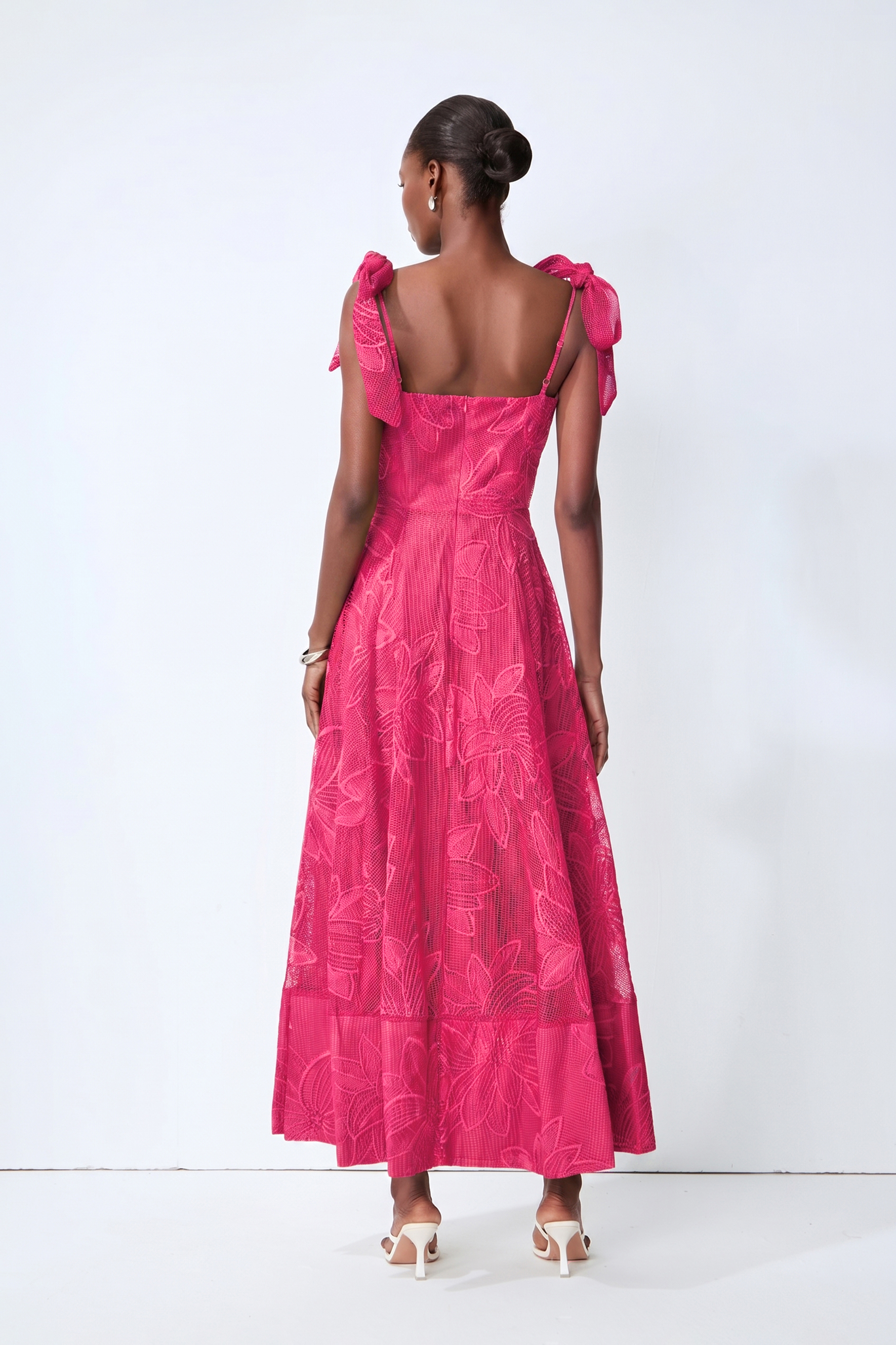 Spring Romance Hot Pink Floral Lace Bow Strap Maxi Dress
