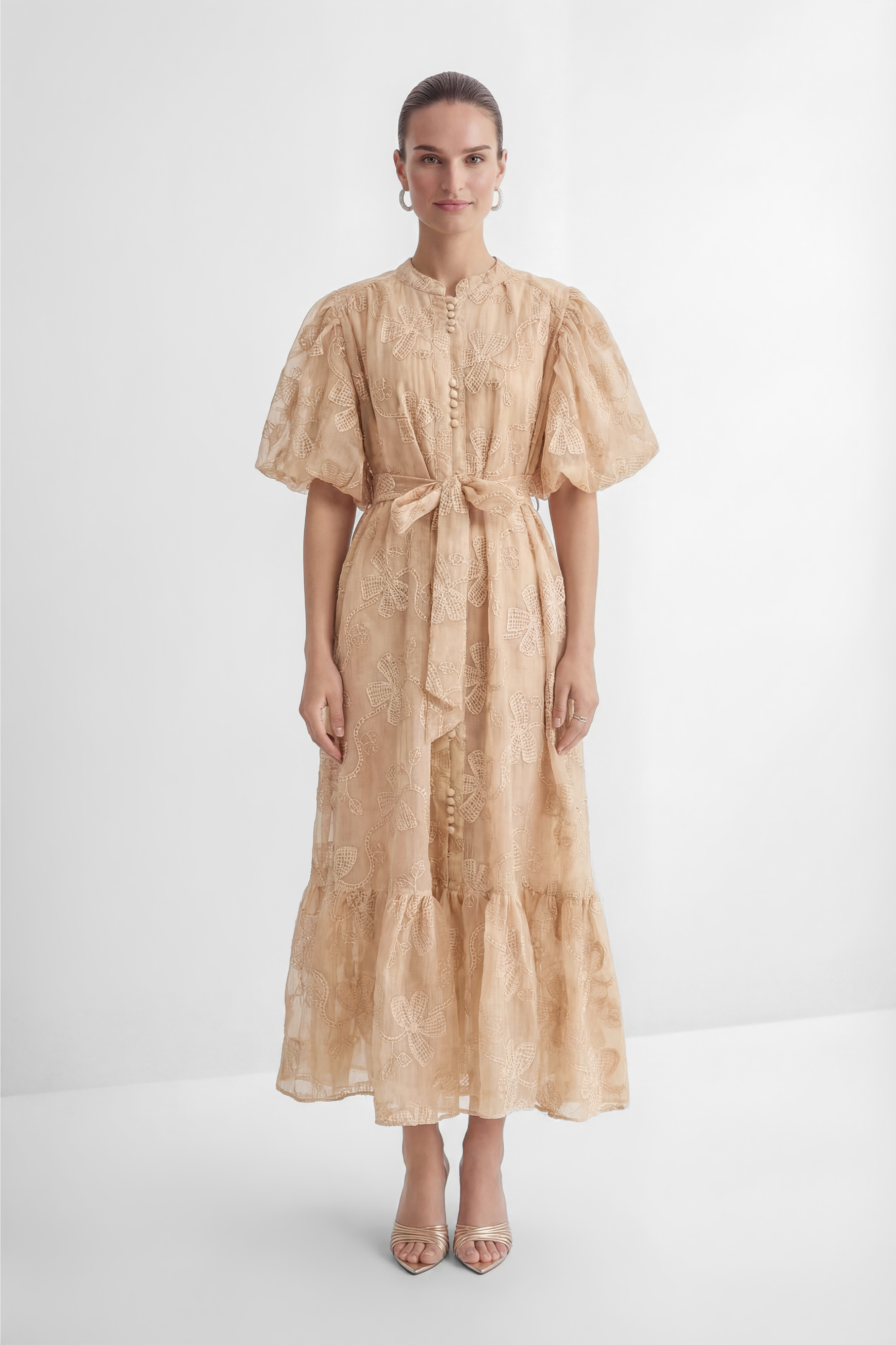 Always Remarkable Beige Floral Embroidery Puff Sleeve Maxi Dress