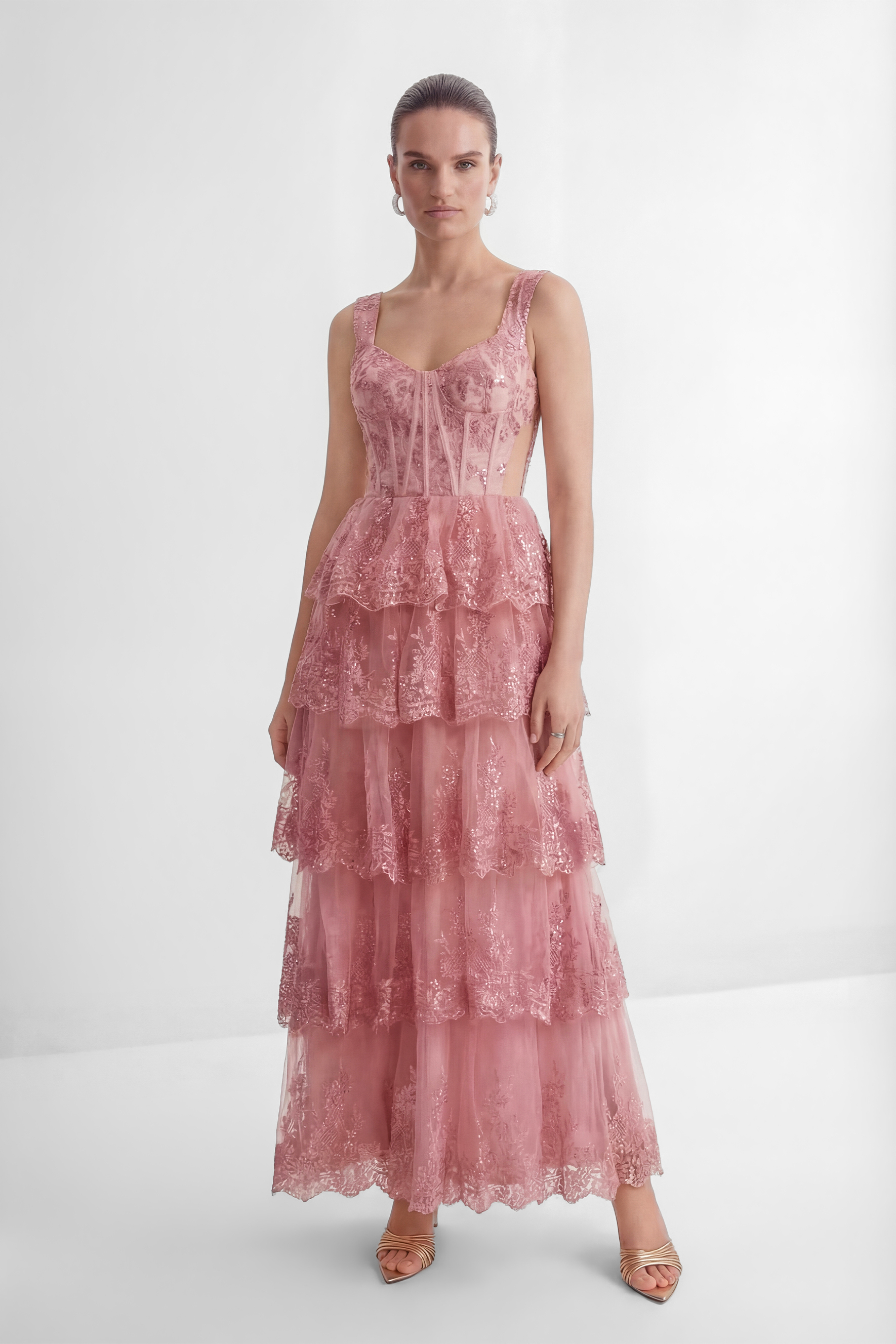 Close To Your Heart Pink Lace Corset Tiered Maxi Dress