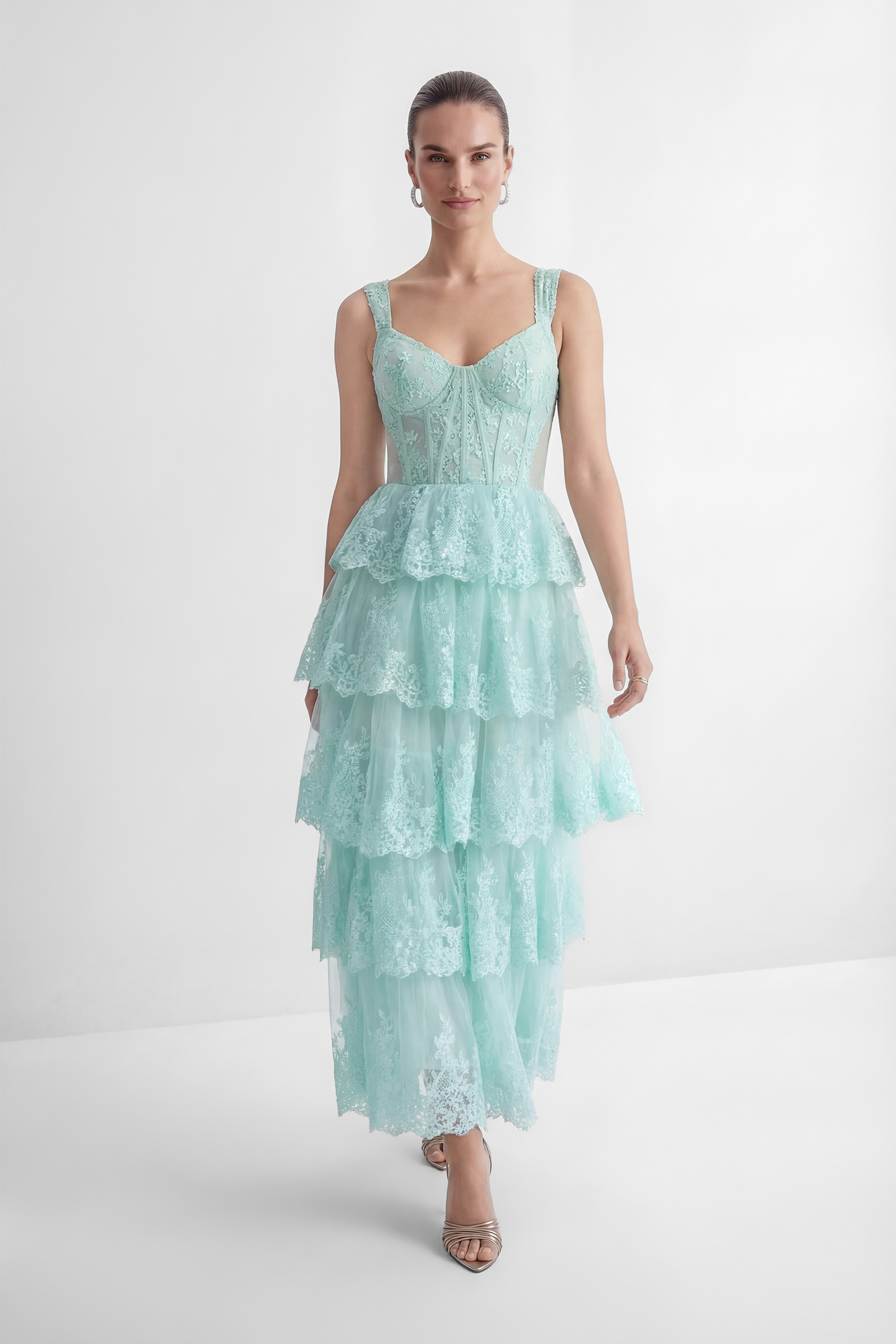 Sweetest Behavior Mint Green Lace Tiered Corset Maxi Dress