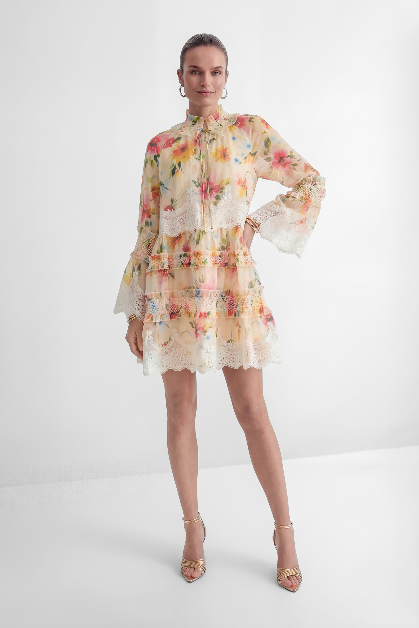 Soft Embrace Multi Floral Print Lace Trim Mini Dress