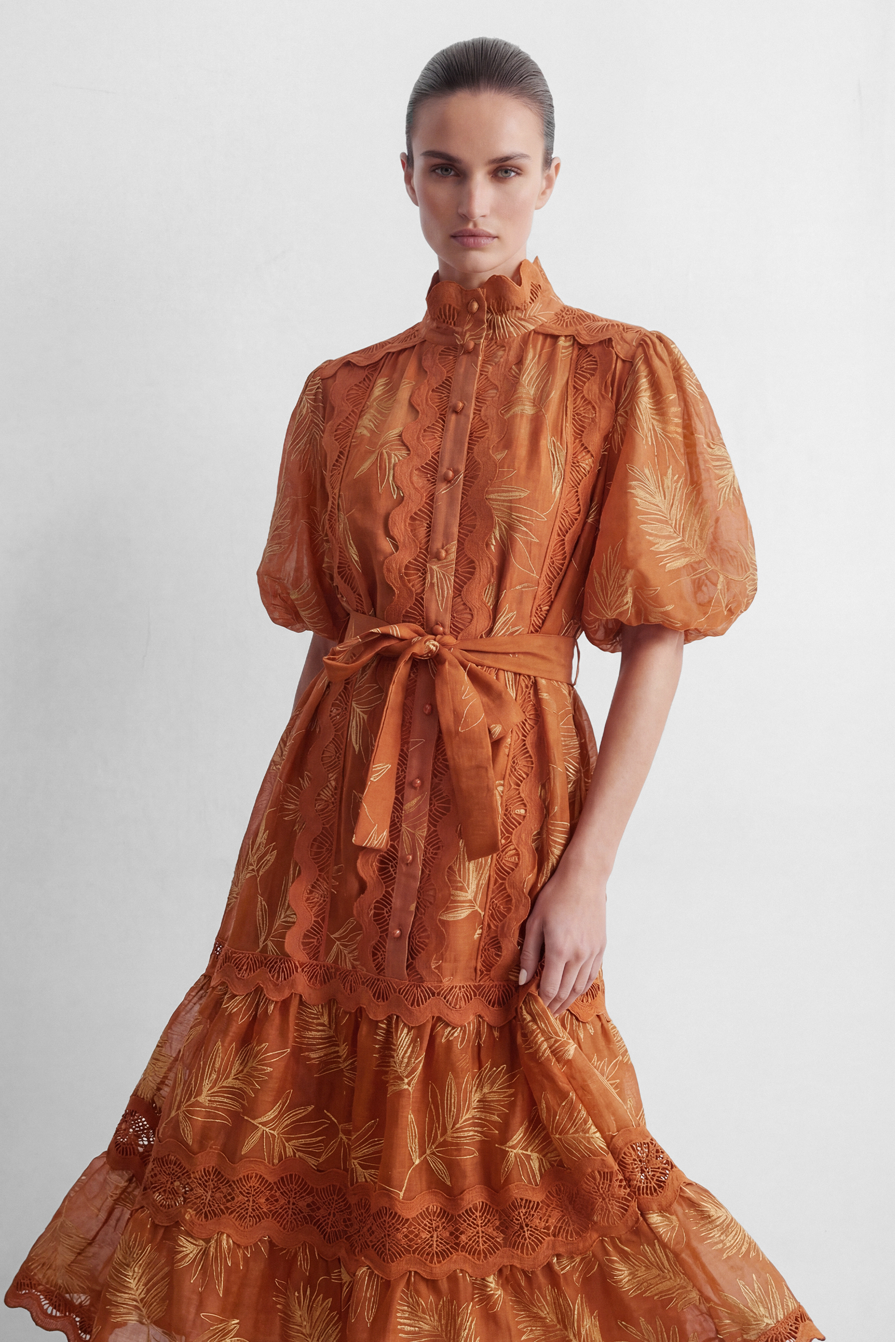 Secret Rendezvous Brown Leaf Embroidered Tiered Maxi Dress