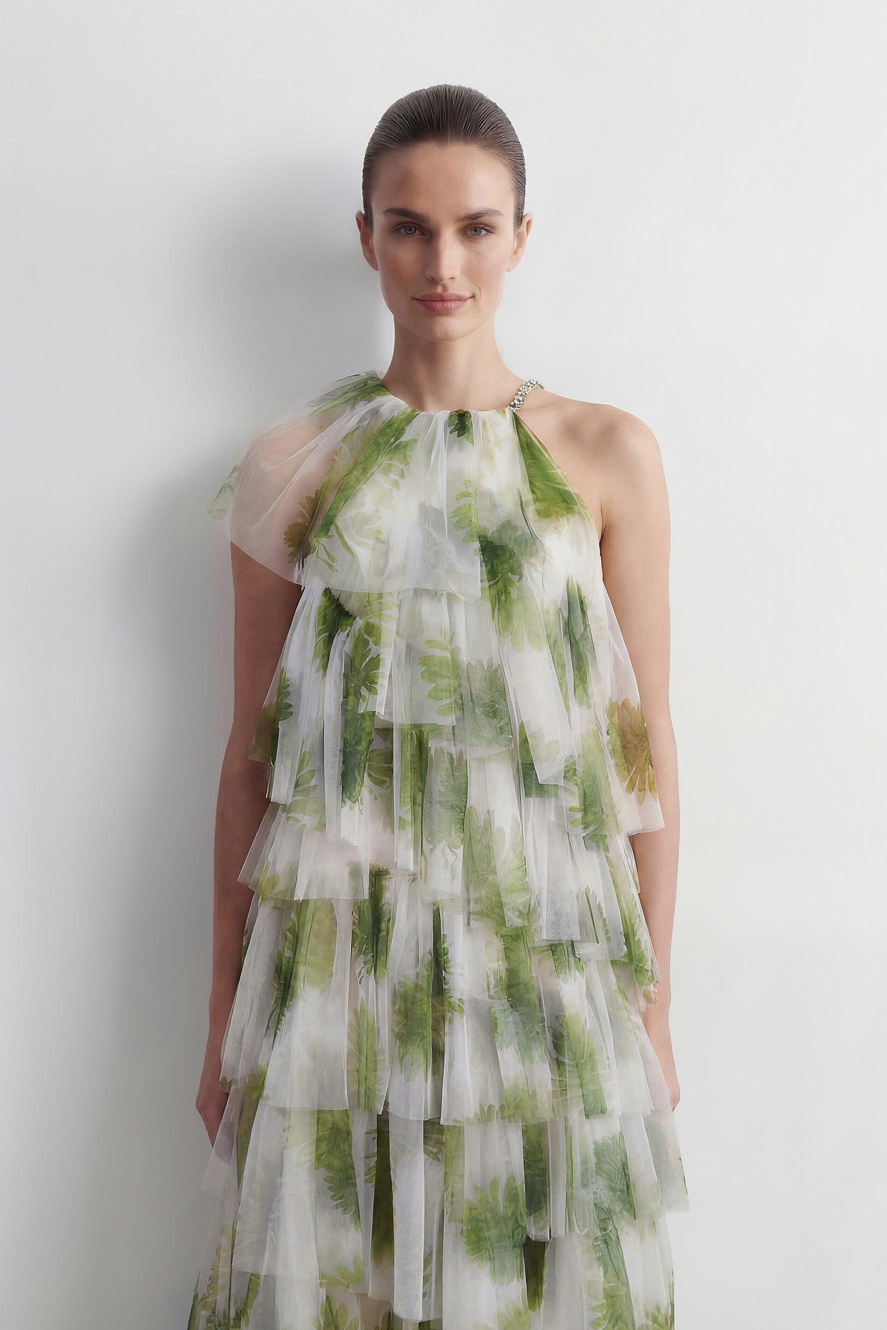 Garden Romance Green Leaf Print Tiered Tulle Maxi Dress