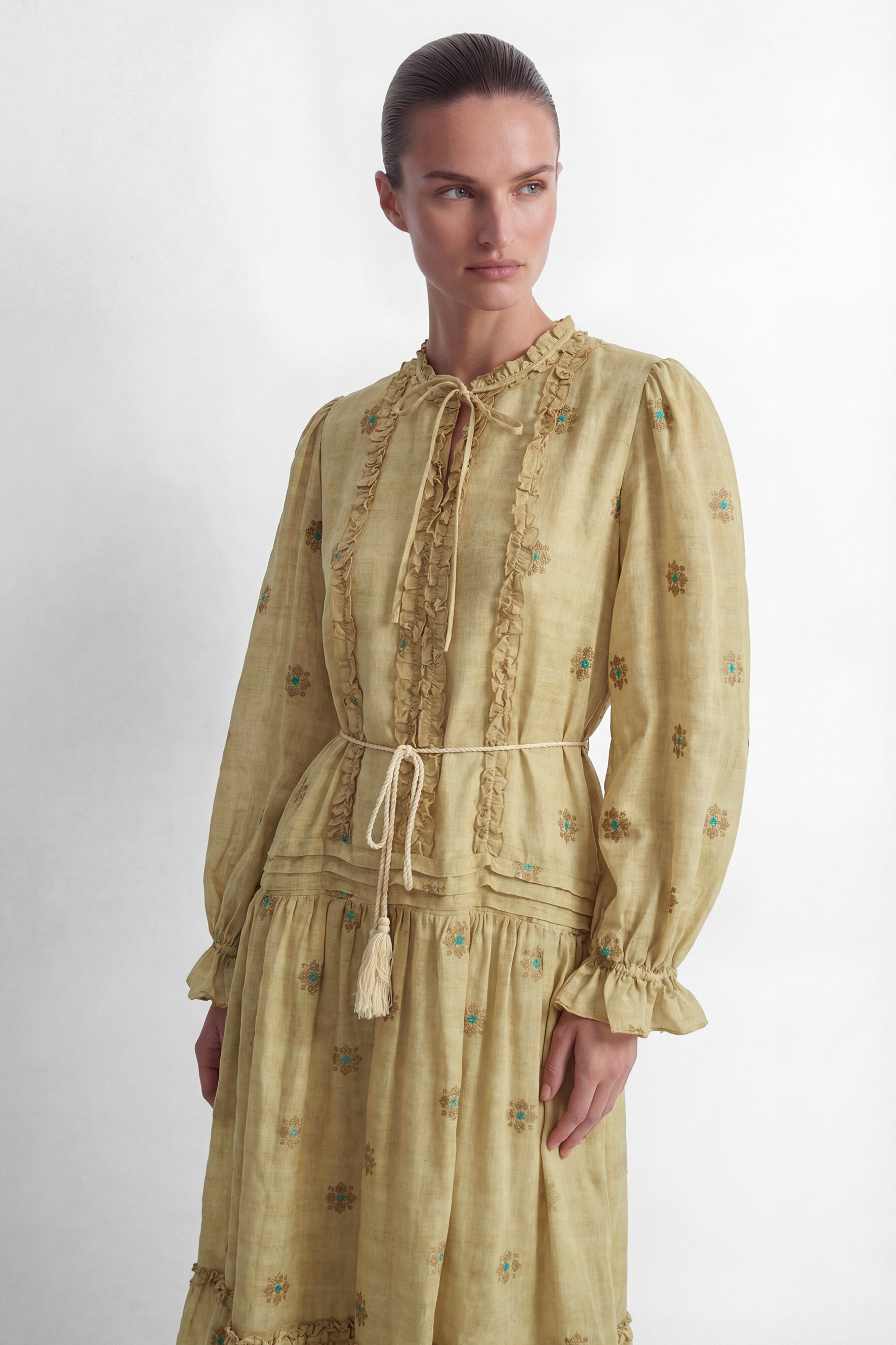 Romantic Affair Khaki Embroidered Floral Tiered Maxi Dress