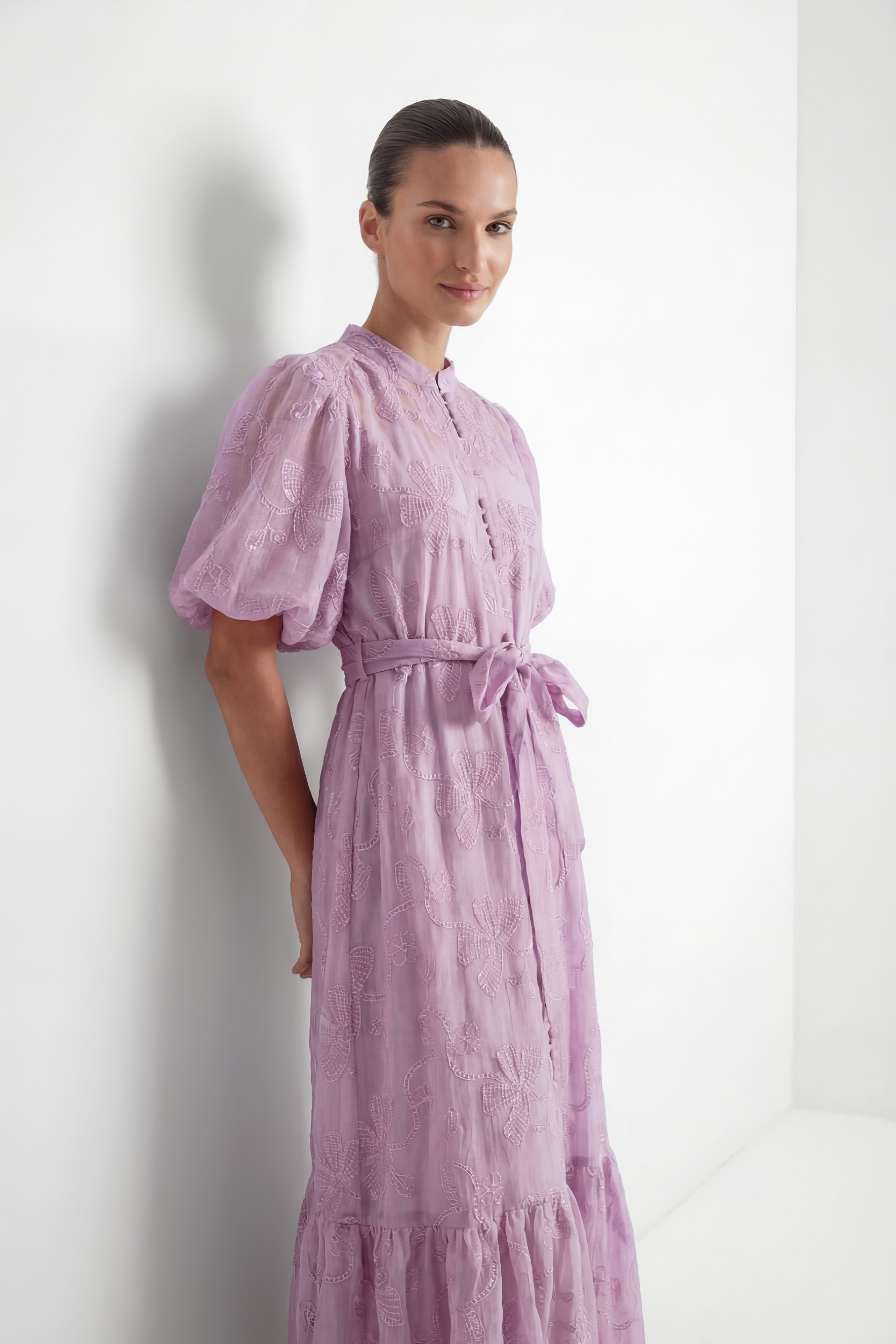 Playfully Posh Lavender Floral Embroidered Tiered Maxi Dress