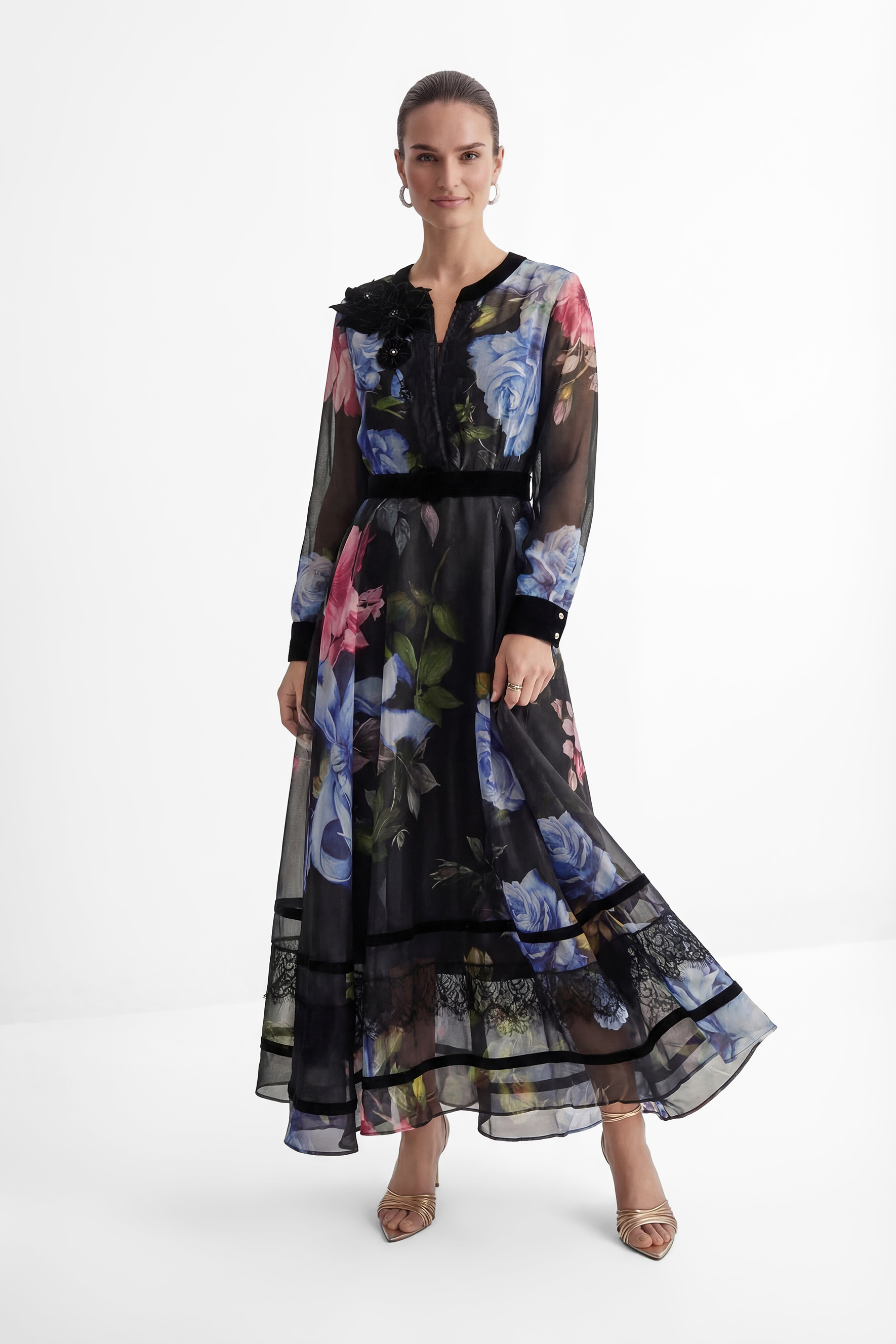 Antique Roses Black Floral Applique Sheer Sleeve Maxi Dress