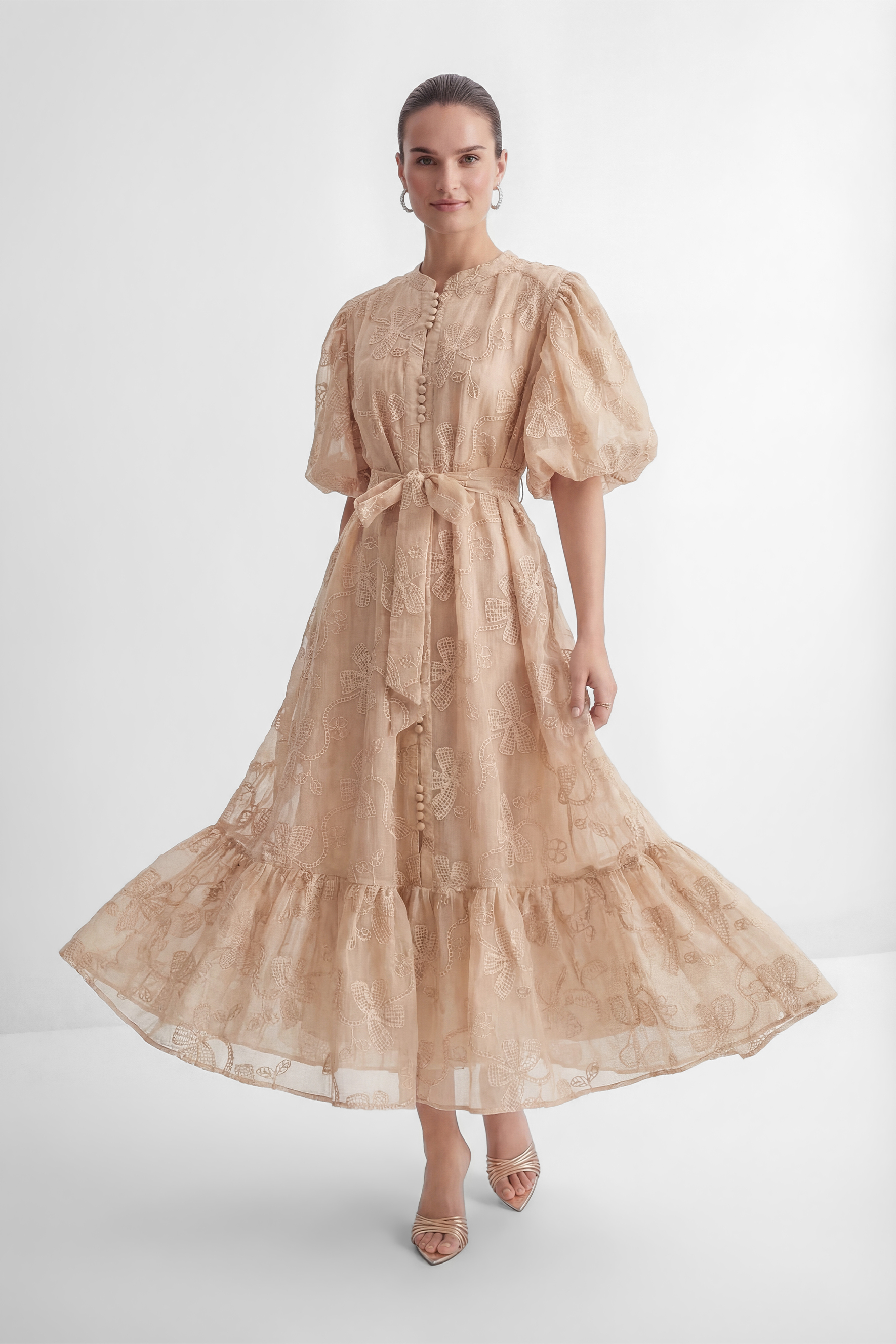 Always Remarkable Beige Floral Embroidery Puff Sleeve Maxi Dress