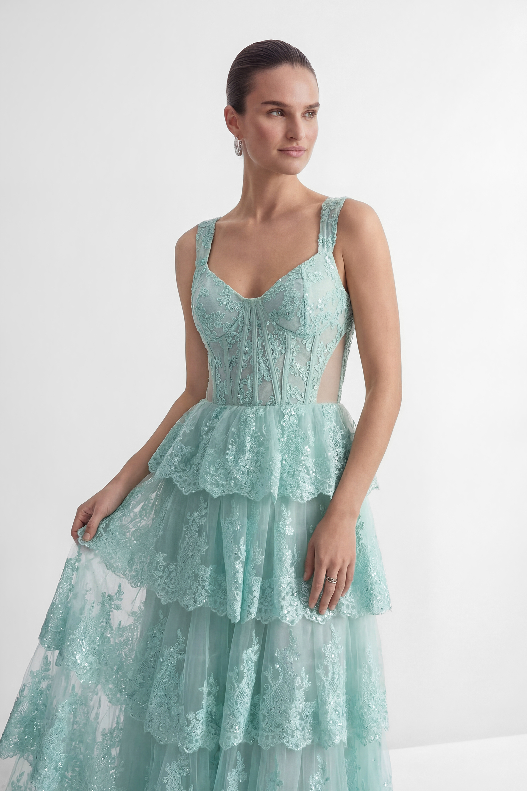 Sweetest Behavior Mint Green Lace Tiered Corset Maxi Dress