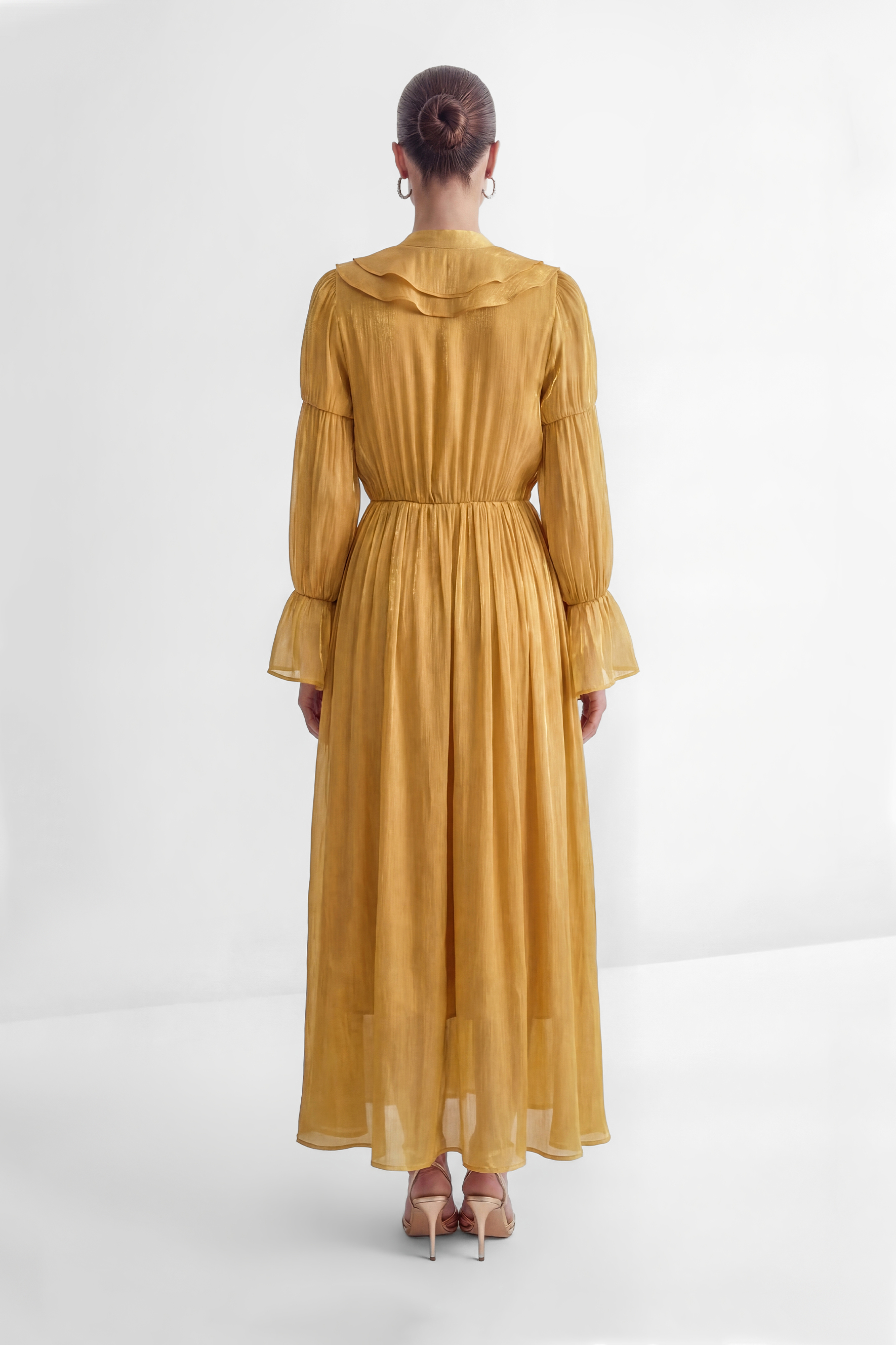 Gorgeous Essence Yellow Ruffled Neckline Flared Sleeve Maxi Dress