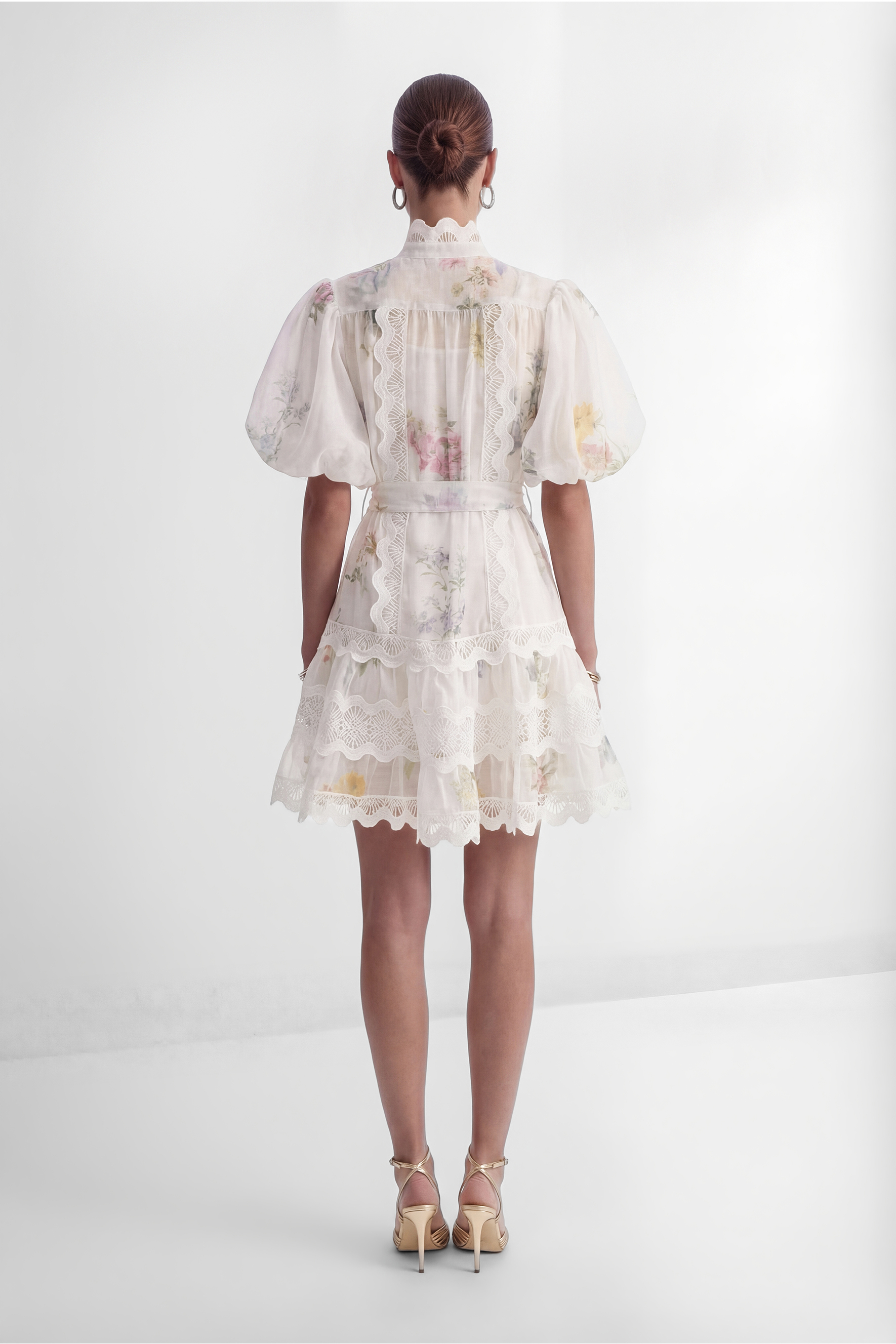 Whimsical Beauty Cream White Floral Print Lace Trim Mini Dress