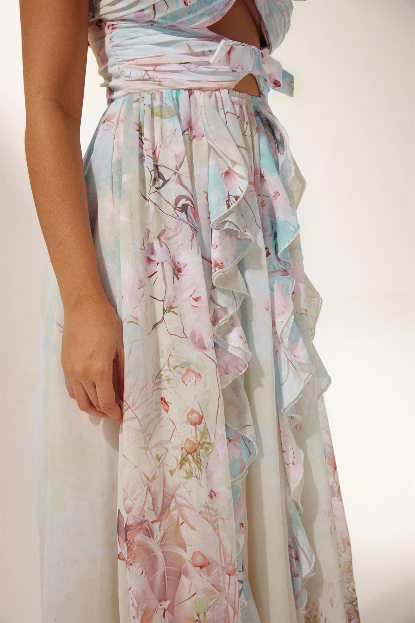 Octavia Printed Cut-out Ruffle Maxi Dress