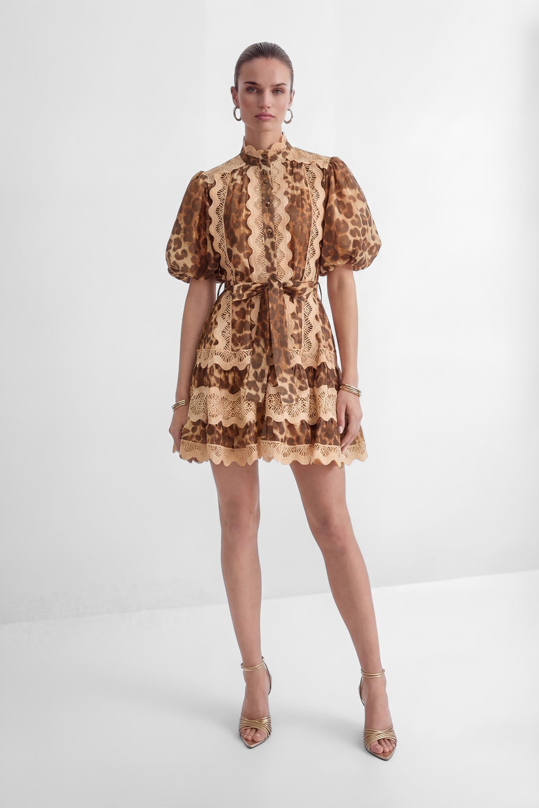 Excellent Mood Brown Leopard Print Lace Trim Mini Dress