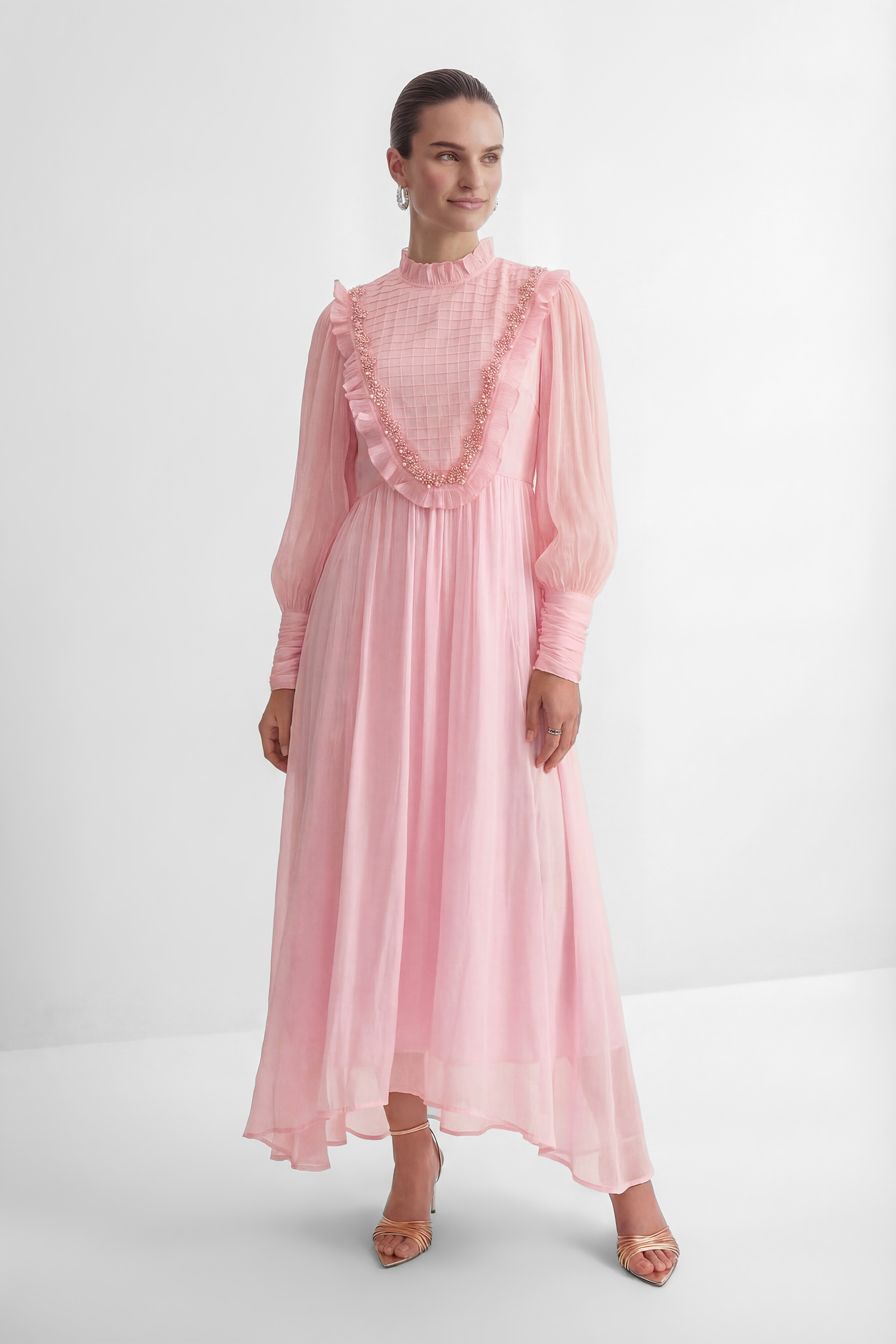 Wanna Know Your Name Pink Beaded Ruffle Trim Maxi Dress