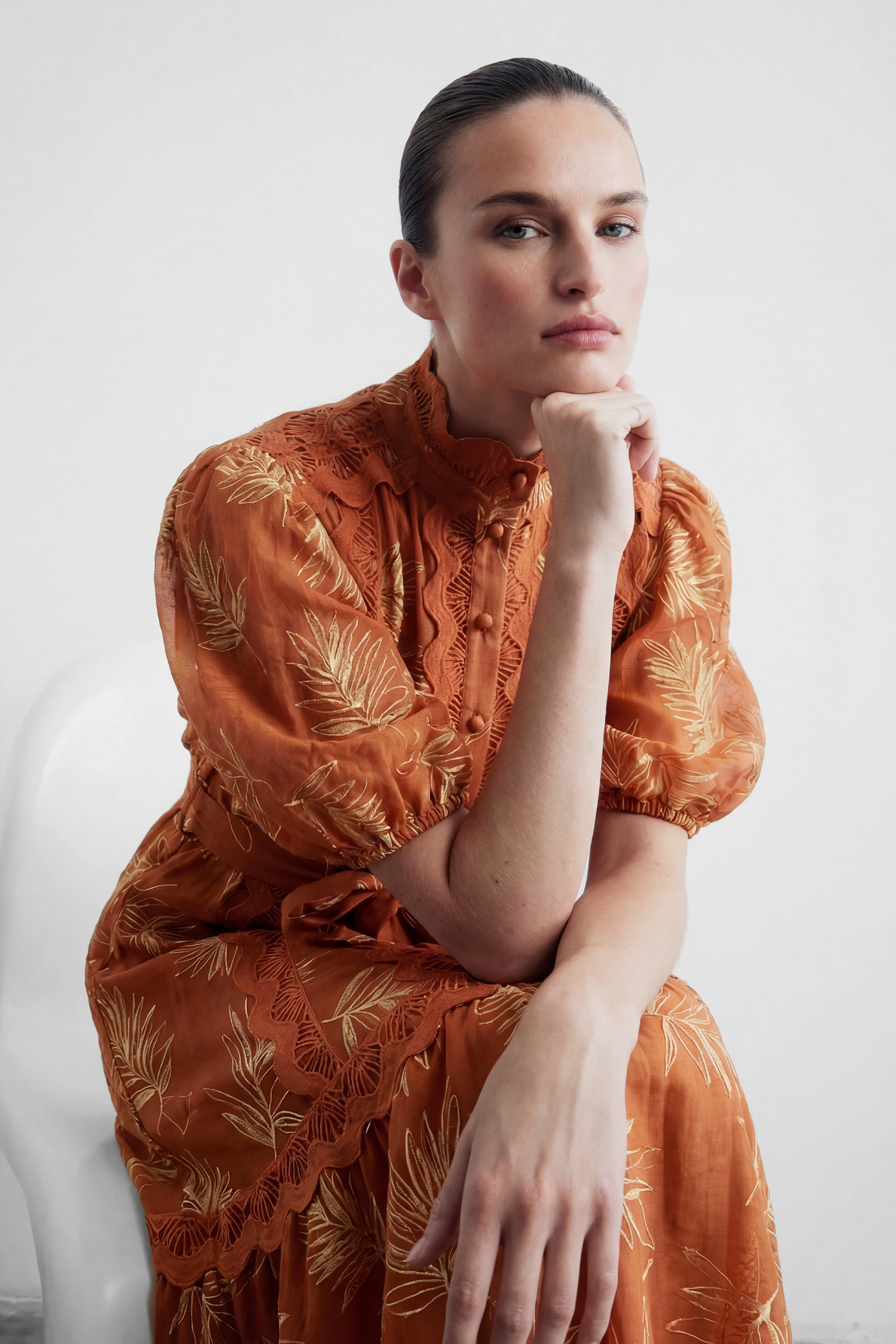 Secret Rendezvous Brown Leaf Embroidered Tiered Maxi Dress