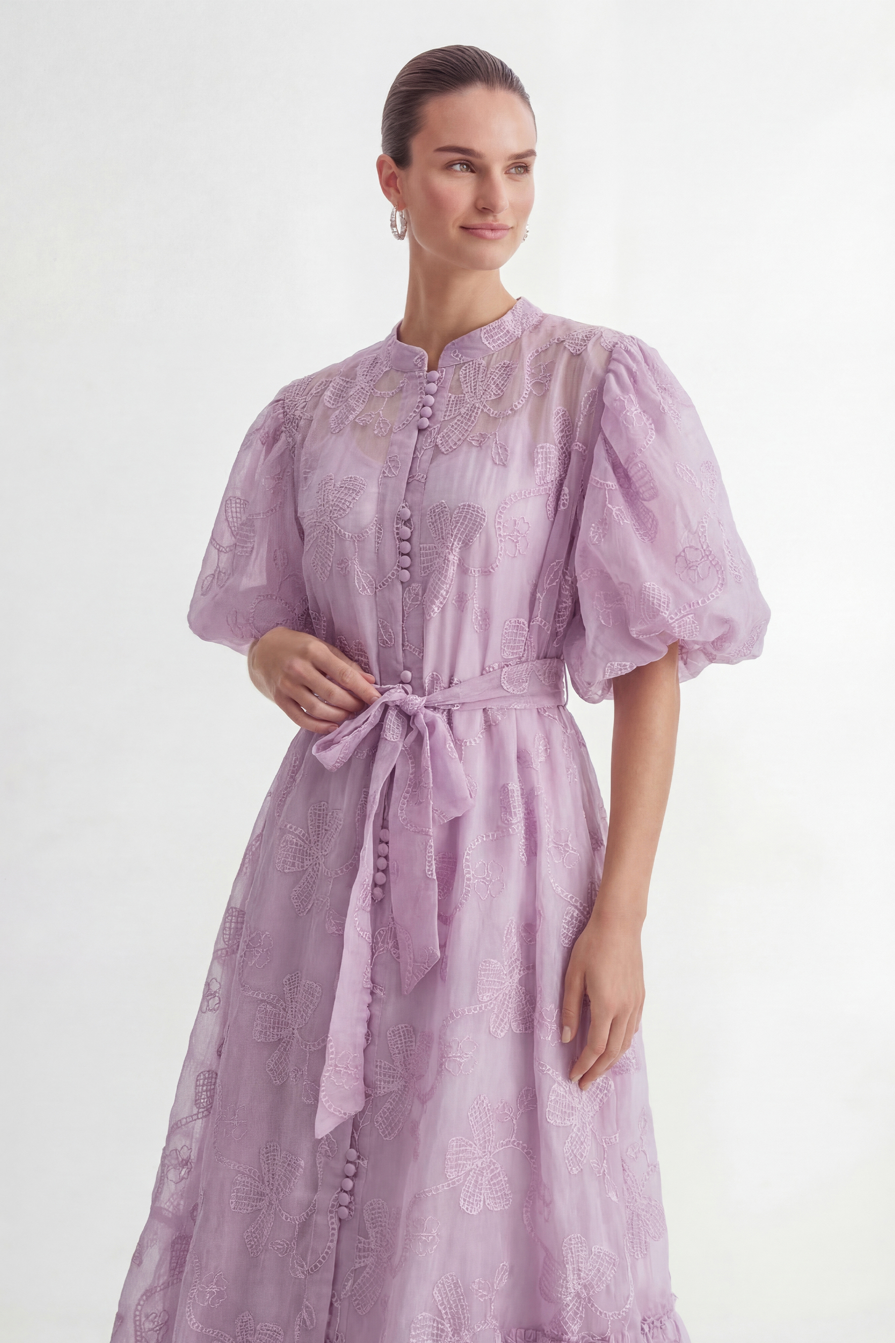 Playfully Posh Lavender Floral Embroidered Tiered Maxi Dress