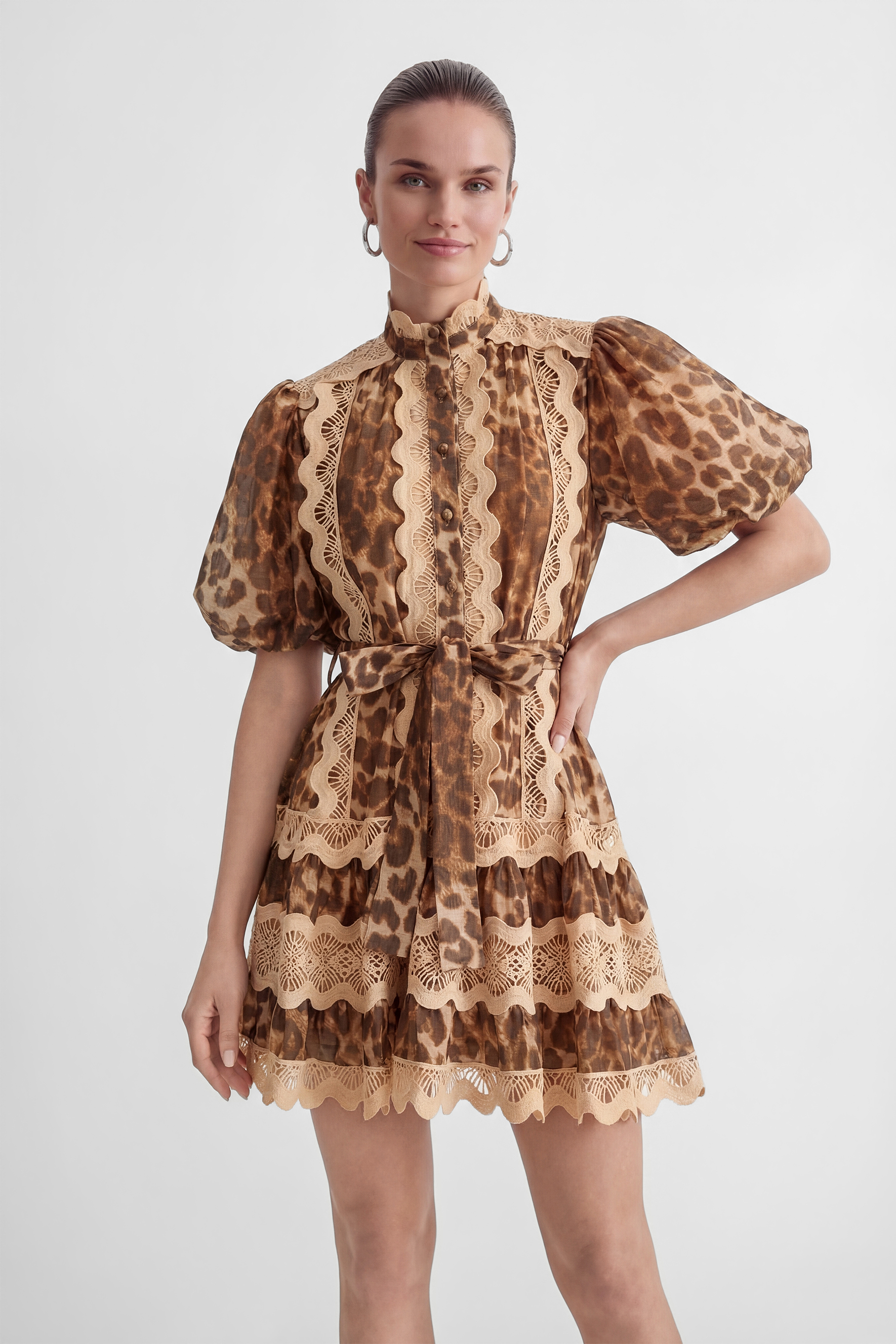 Excellent Mood Brown Leopard Print Lace Trim Mini Dress