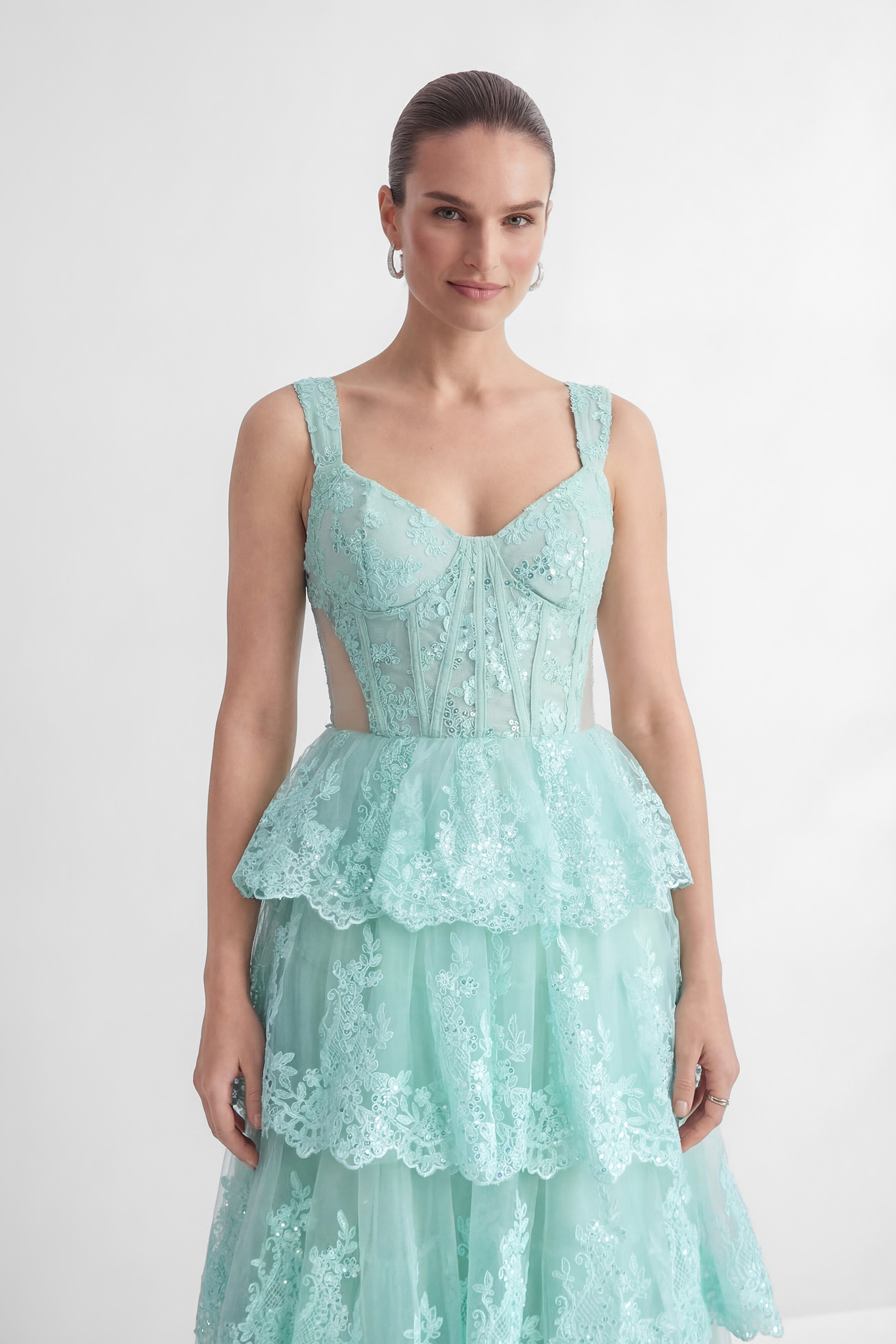 Sweetest Behavior Mint Green Lace Tiered Corset Maxi Dress