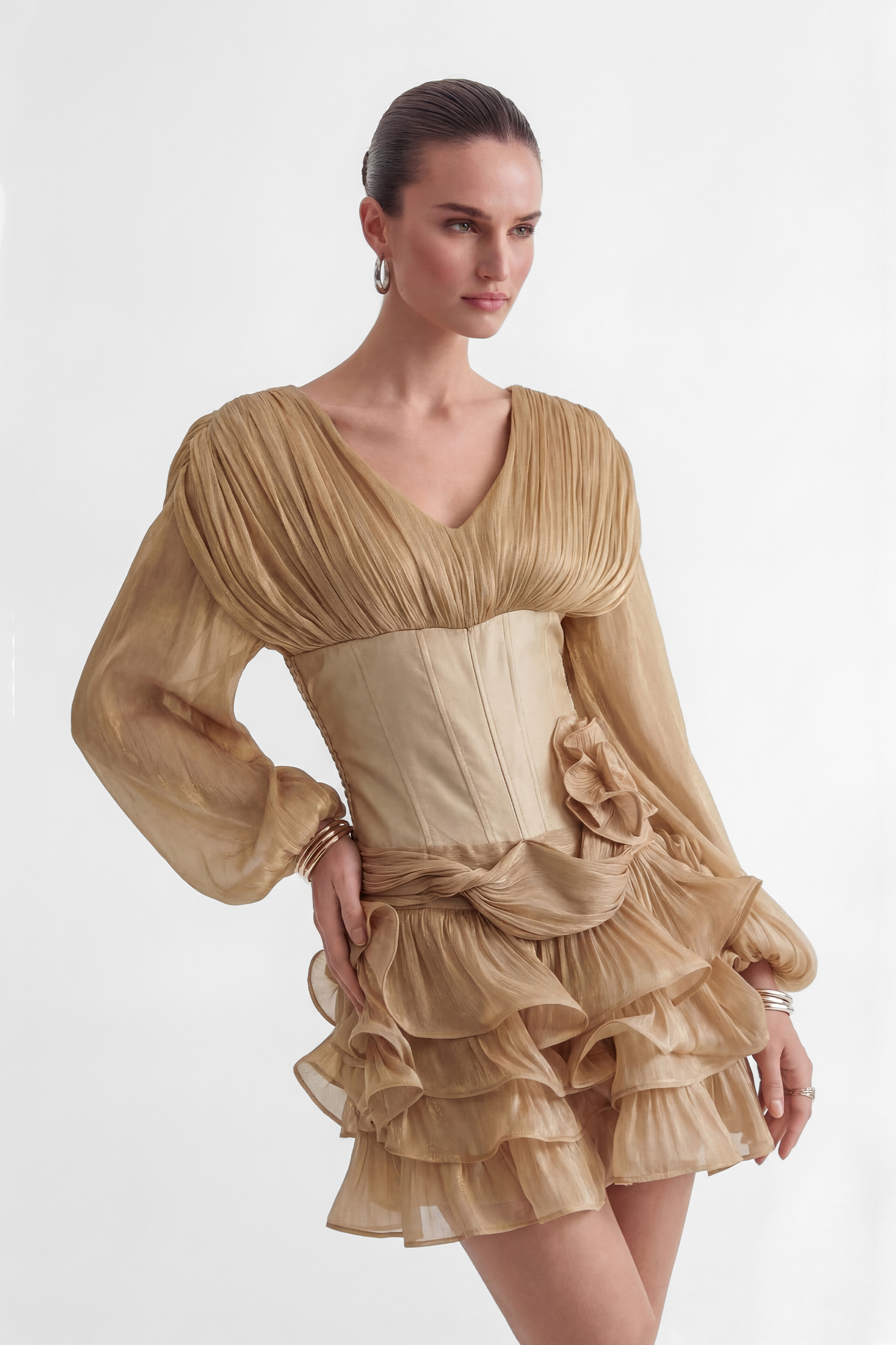 Dedicated To Glamour Khaki Corset Bodice Ruffled Mini Dress