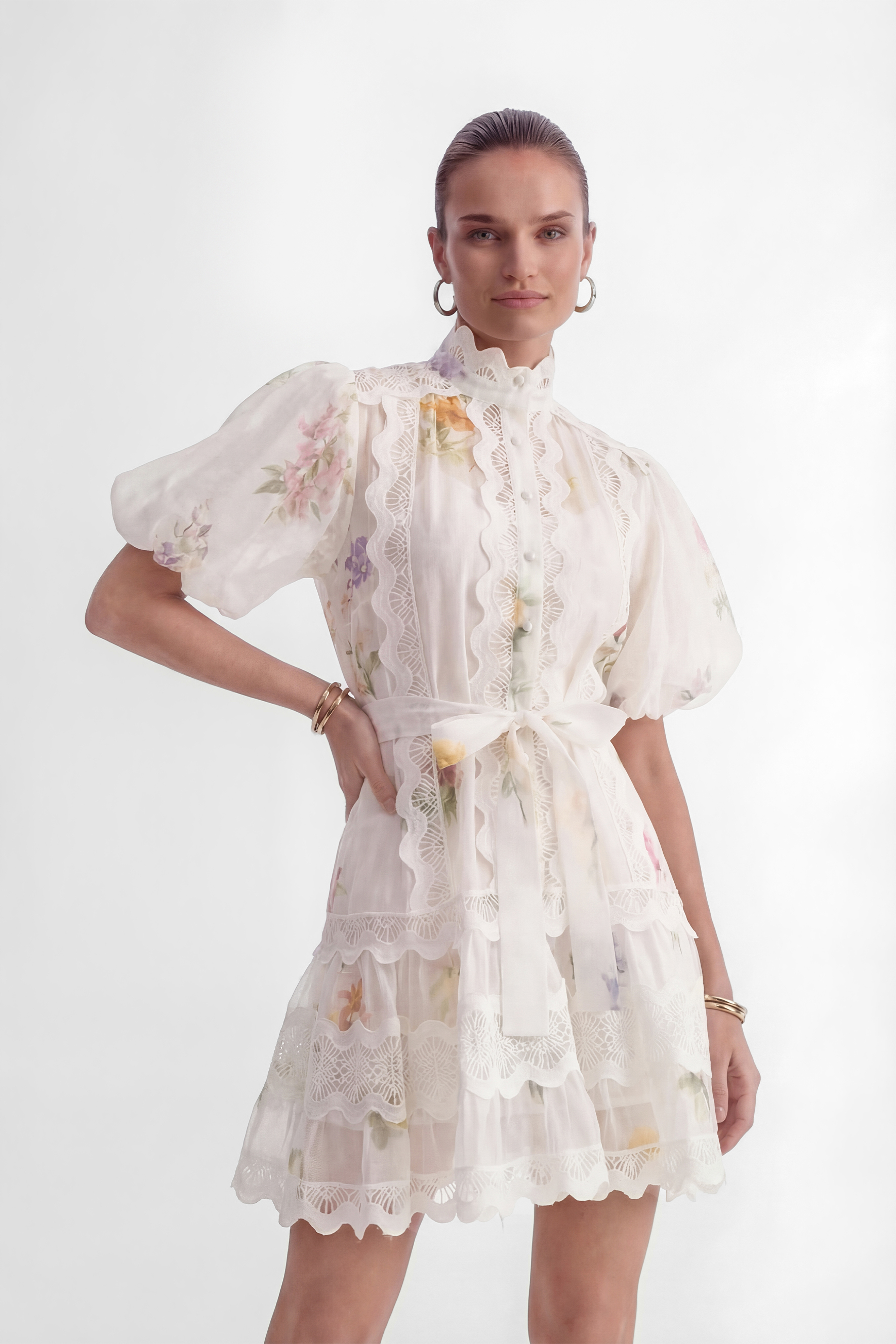 Whimsical Beauty Cream White Floral Print Lace Trim Mini Dress