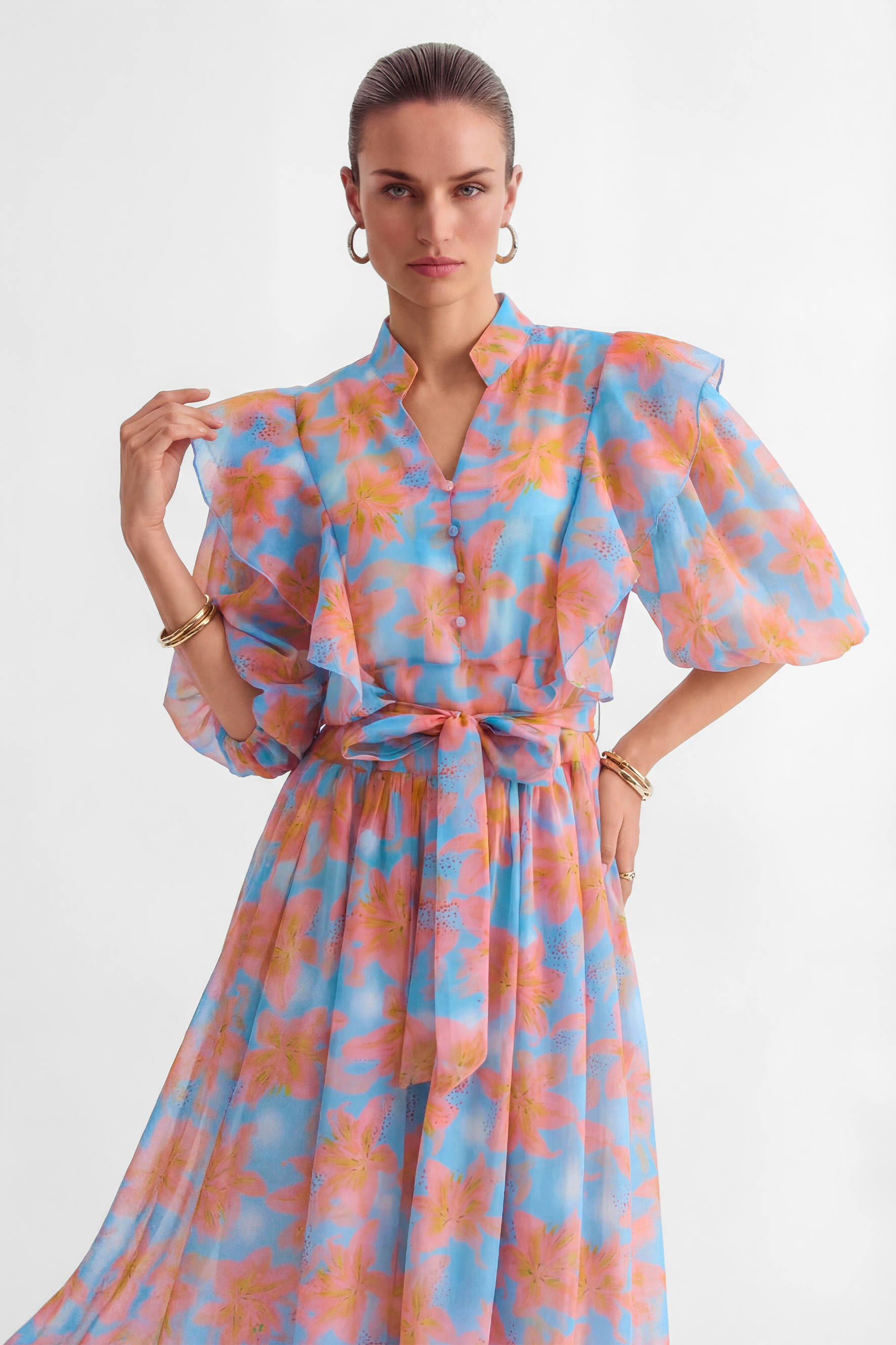 Every Sunny Moment Blue Floral Print Ruffled Maxi Dress