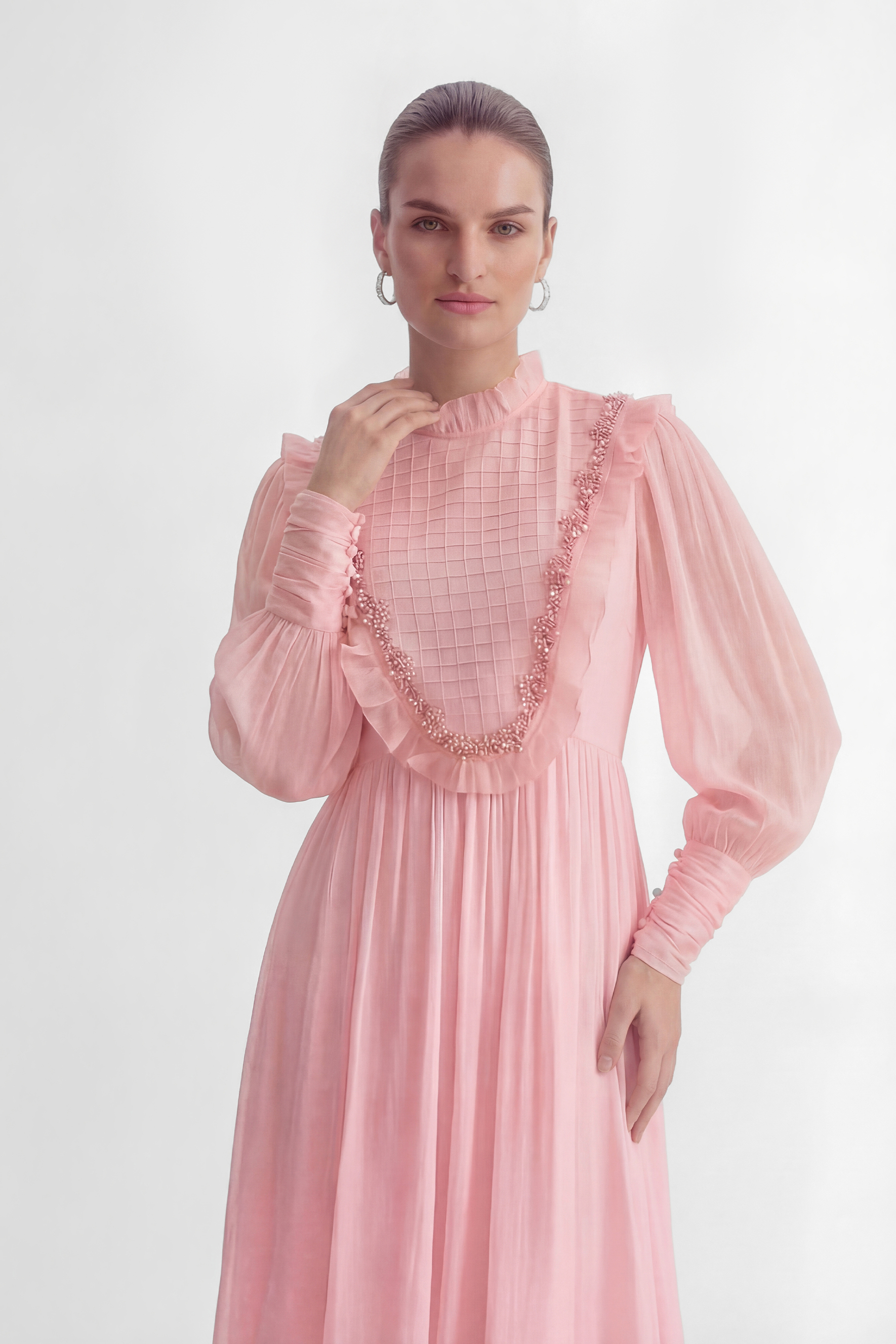 Wanna Know Your Name Pink Beaded Ruffle Trim Maxi Dress