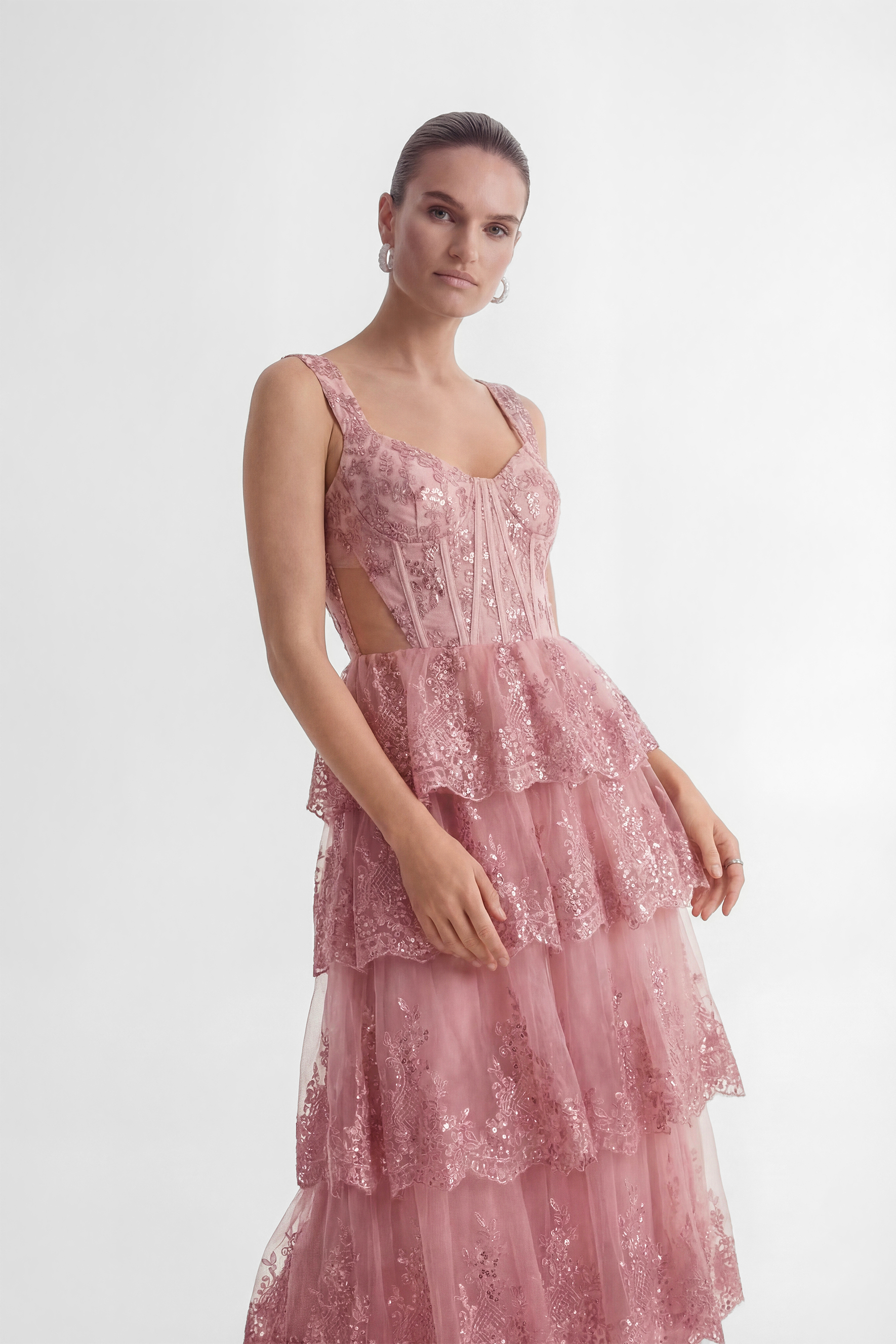 Close To Your Heart Pink Lace Corset Tiered Maxi Dress