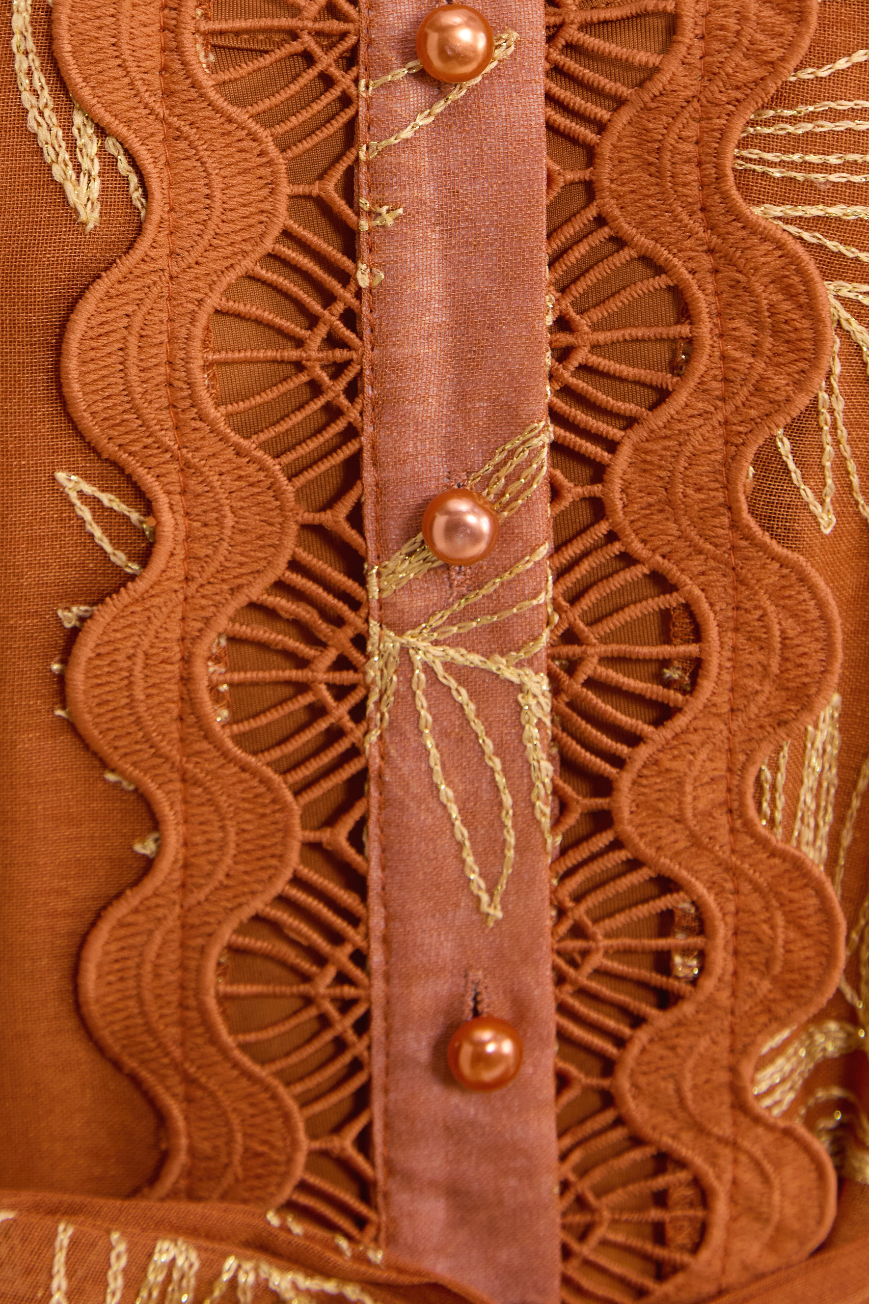 Secret Rendezvous Brown Leaf Embroidered Tiered Maxi Dress