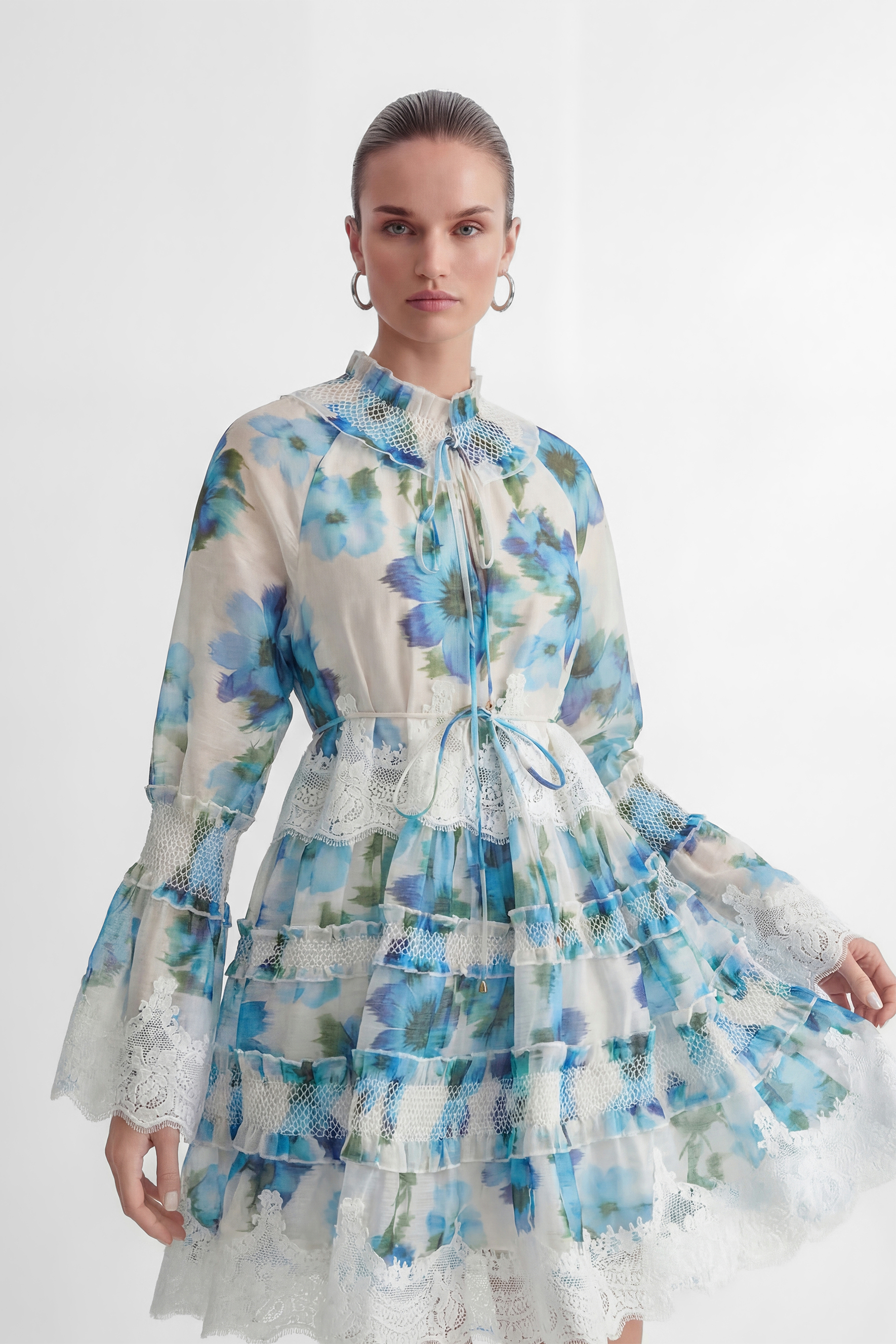 Exceptionally Pristine Blue Floral Print Lace Trim Mini Dress