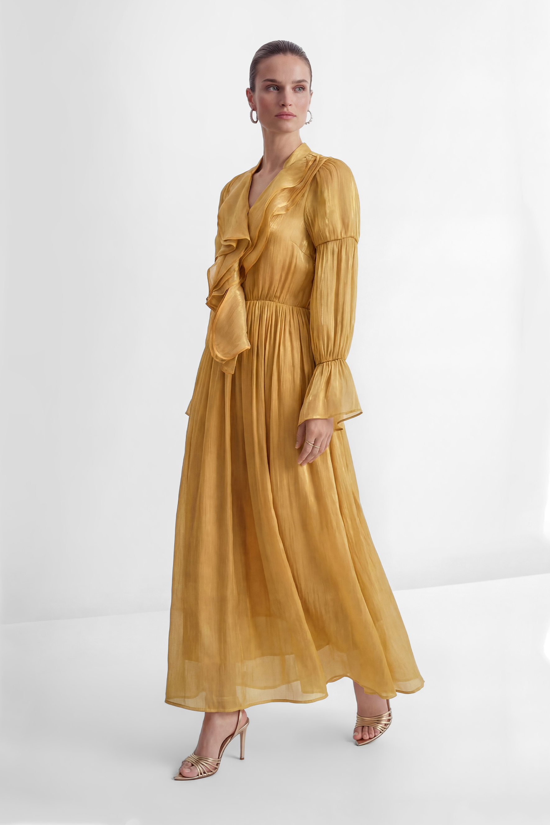 Gorgeous Essence Yellow Ruffled Neckline Flared Sleeve Maxi Dress