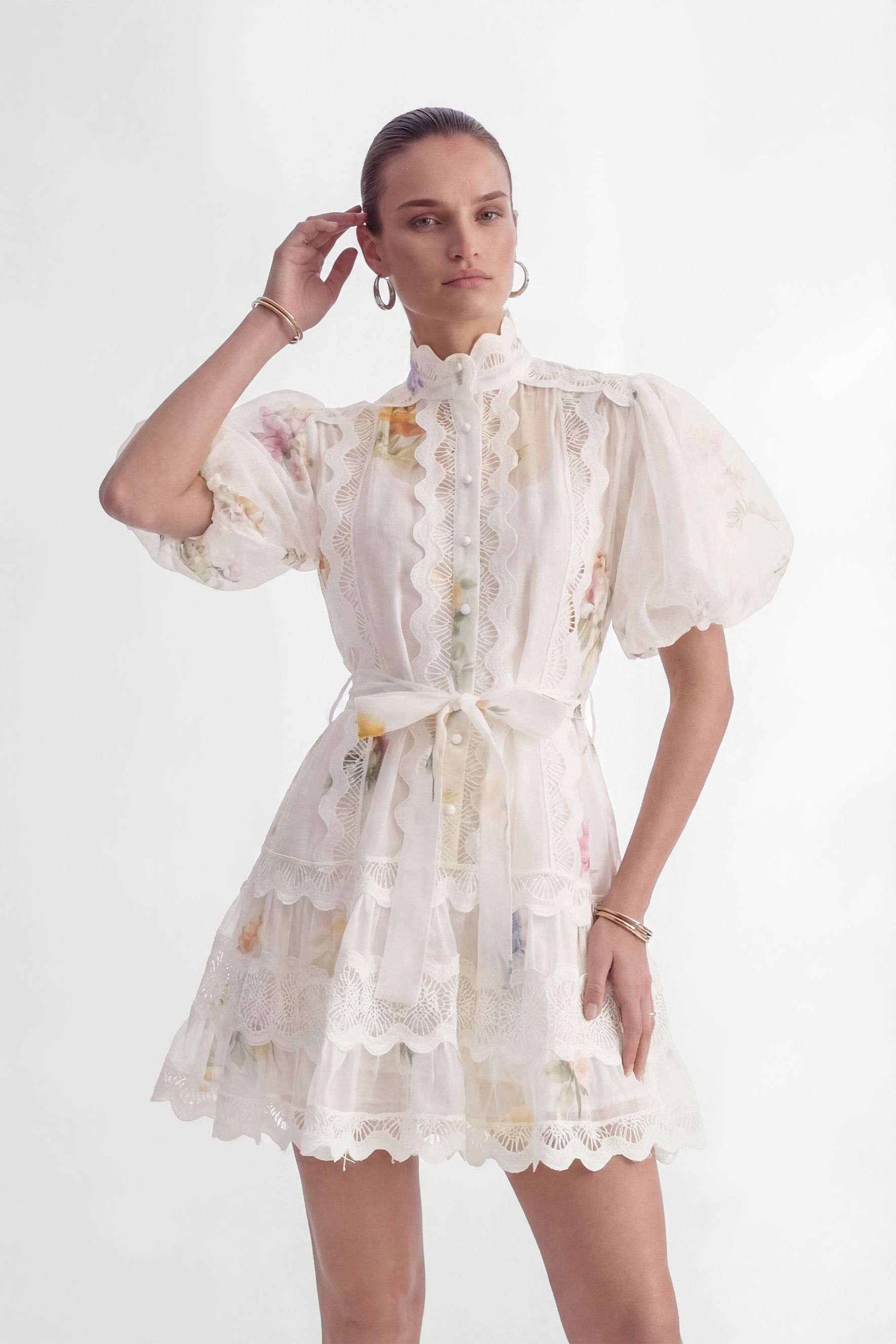 Whimsical Beauty Cream White Floral Print Lace Trim Mini Dress