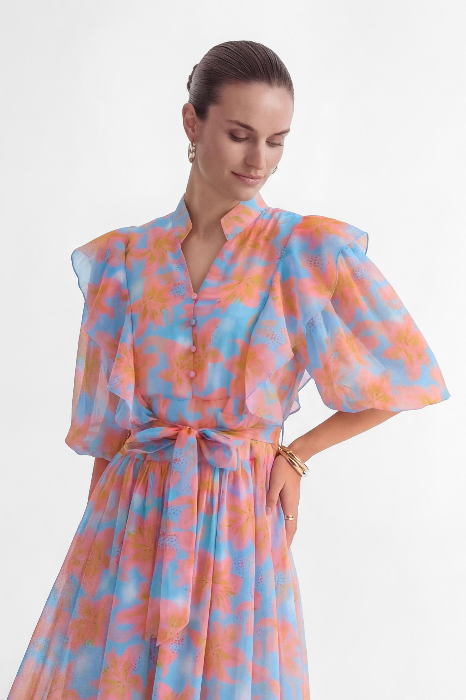 Every Sunny Moment Blue Floral Print Ruffled Maxi Dress