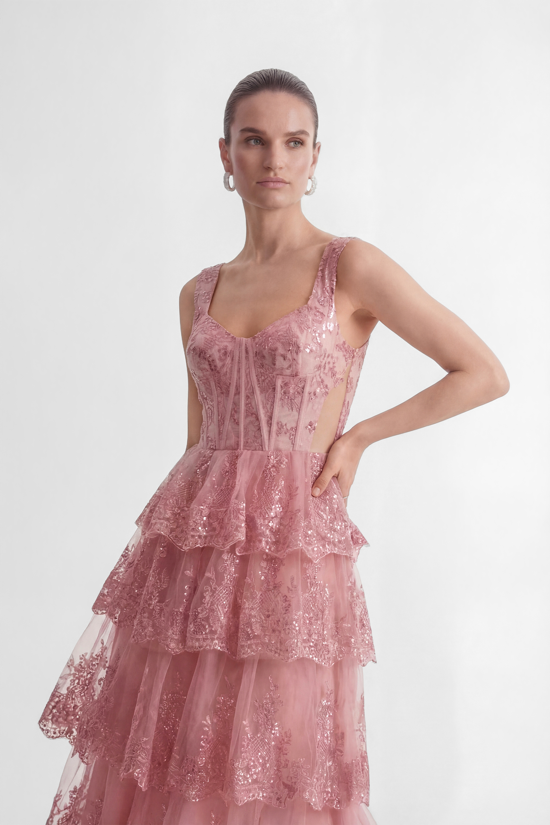 Close To Your Heart Pink Lace Corset Tiered Maxi Dress