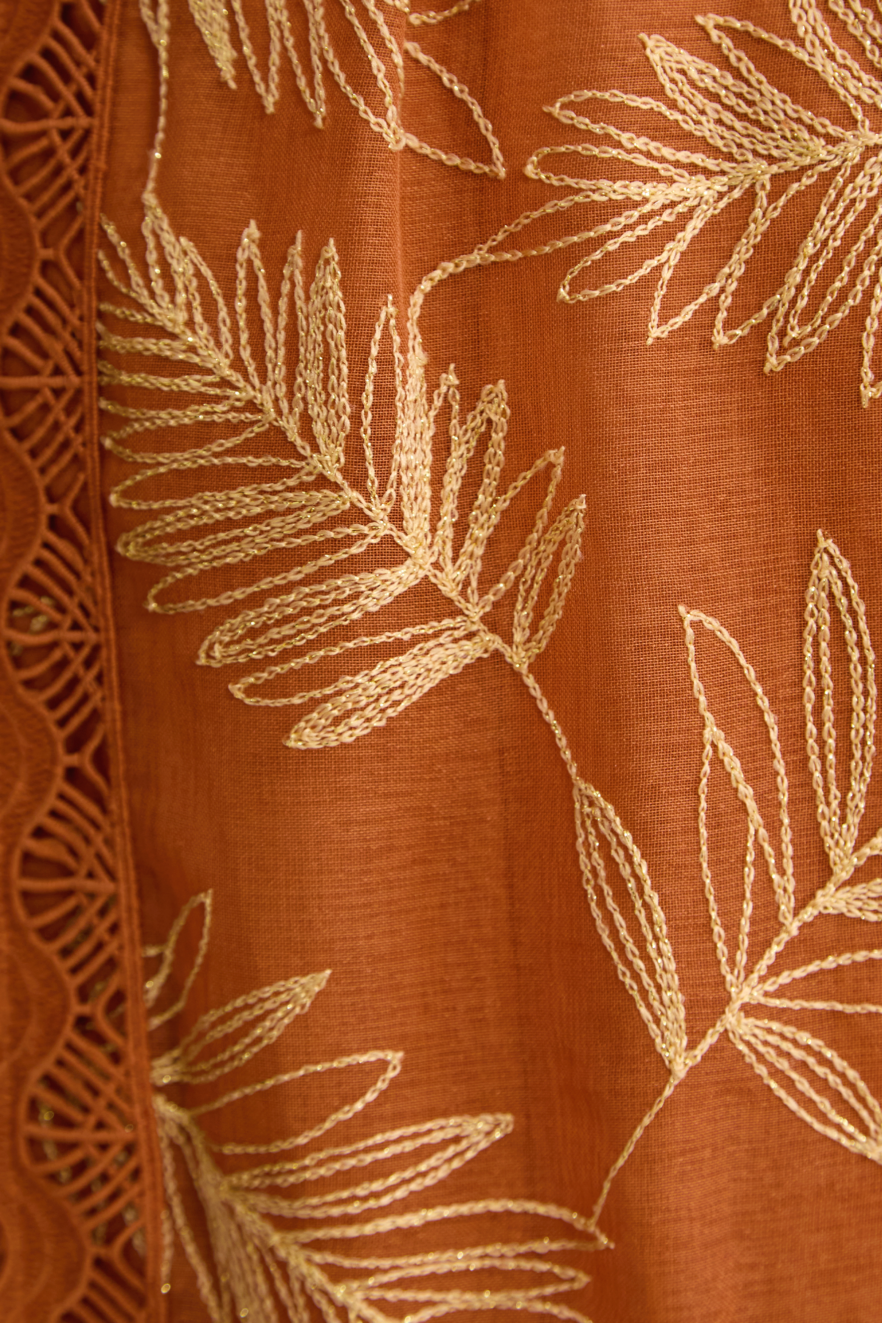 Secret Rendezvous Brown Leaf Embroidered Tiered Maxi Dress