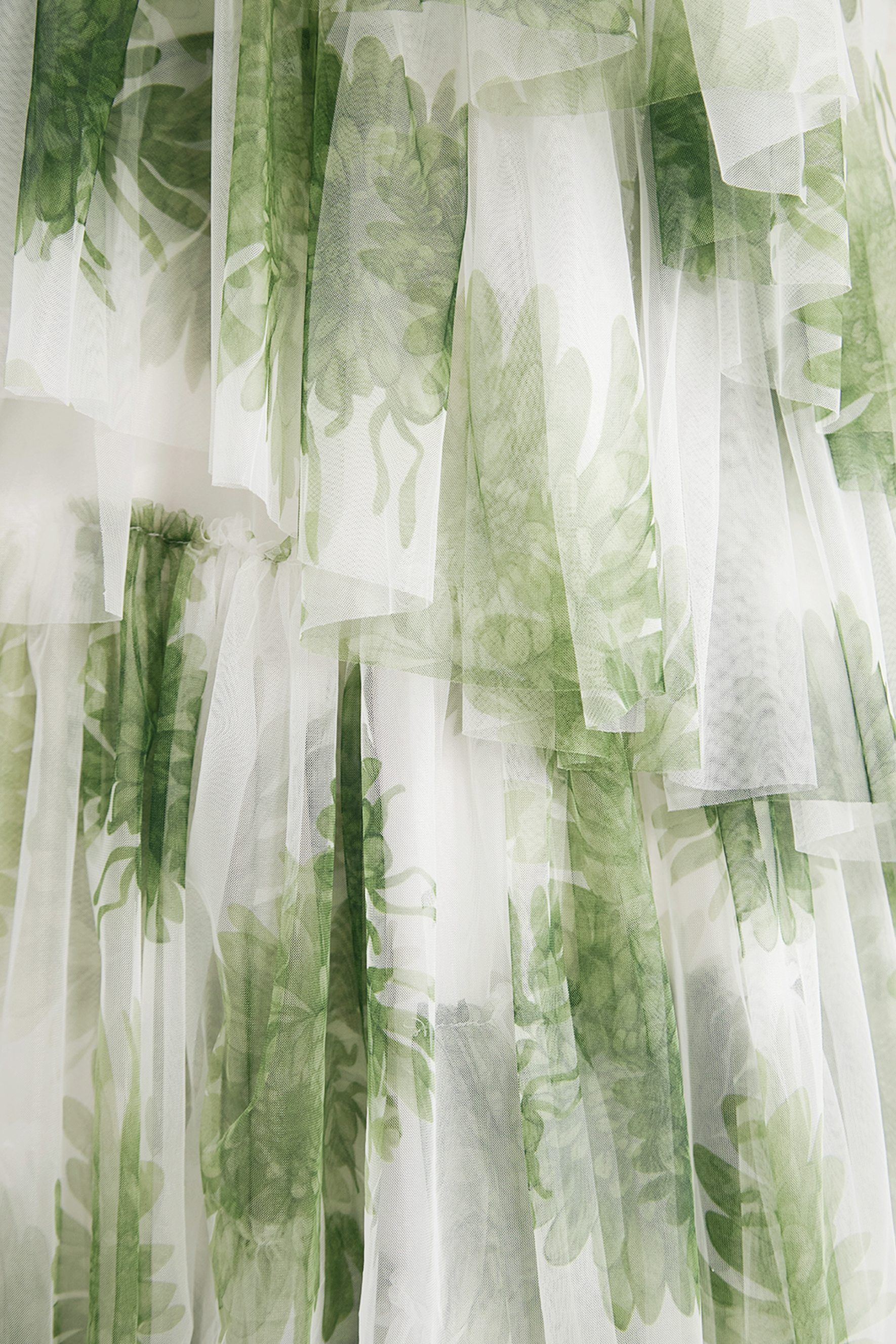 Garden Romance Green Leaf Print Tiered Tulle Maxi Dress