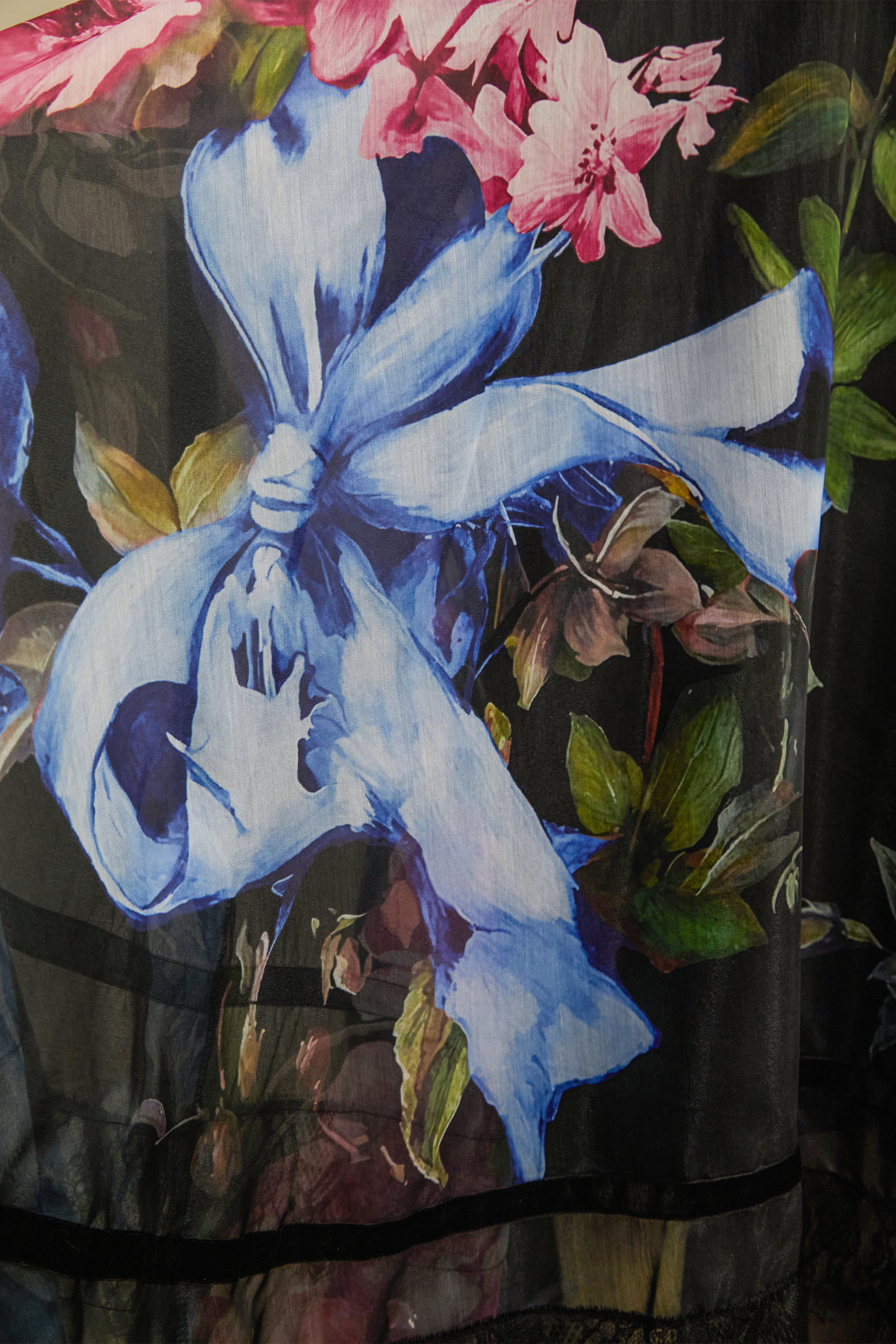 Antique Roses Black Floral Applique Sheer Sleeve Maxi Dress