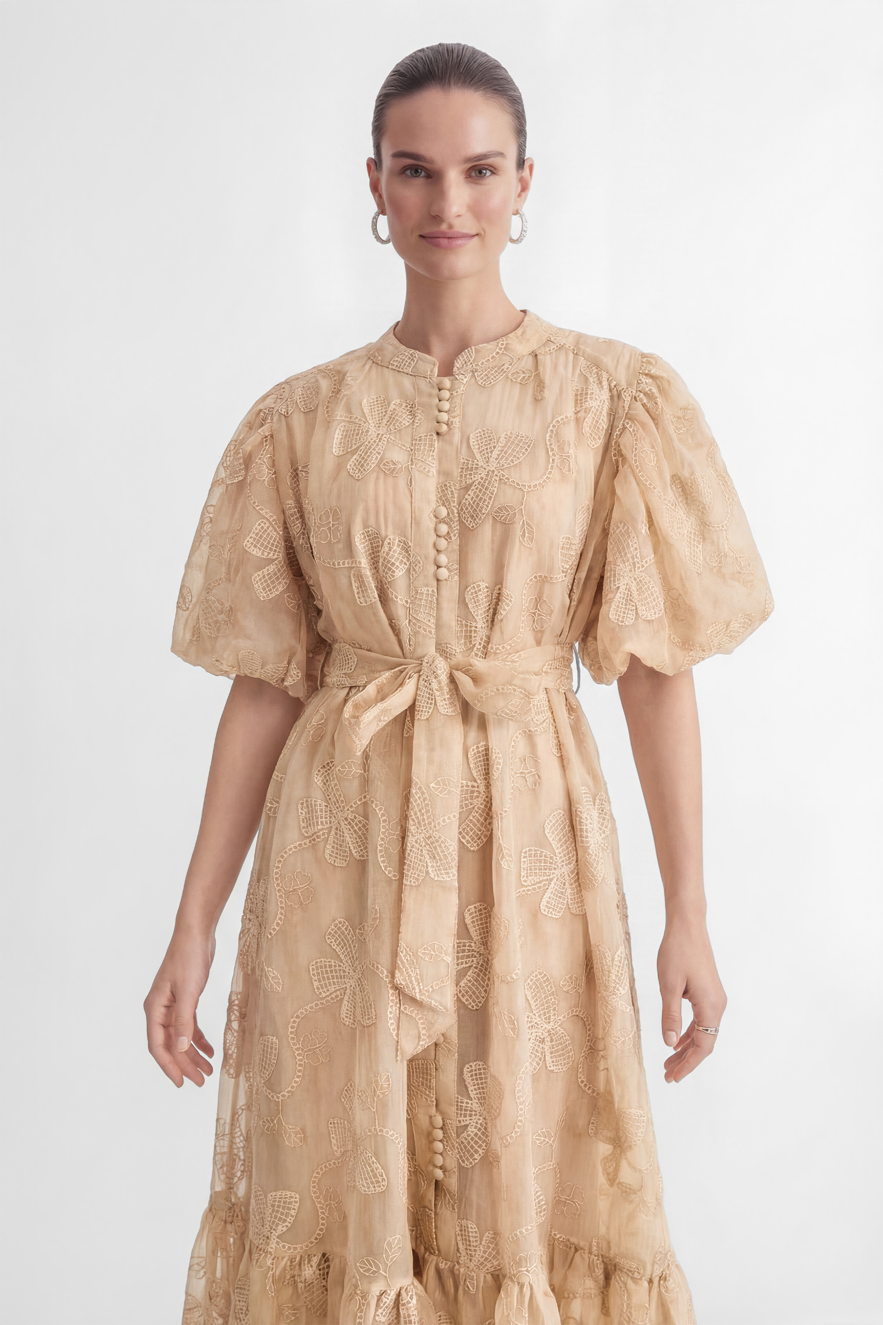 Always Remarkable Beige Floral Embroidery Puff Sleeve Maxi Dress