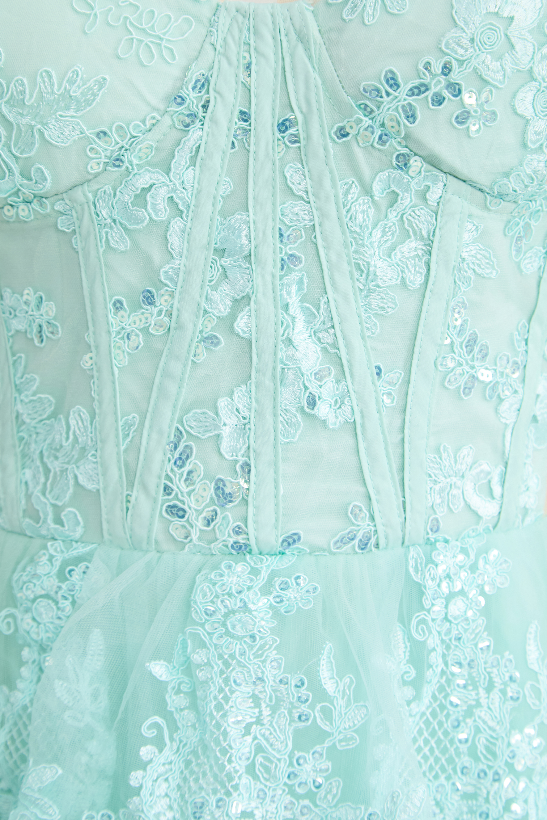 Sweetest Behavior Mint Green Lace Tiered Corset Maxi Dress