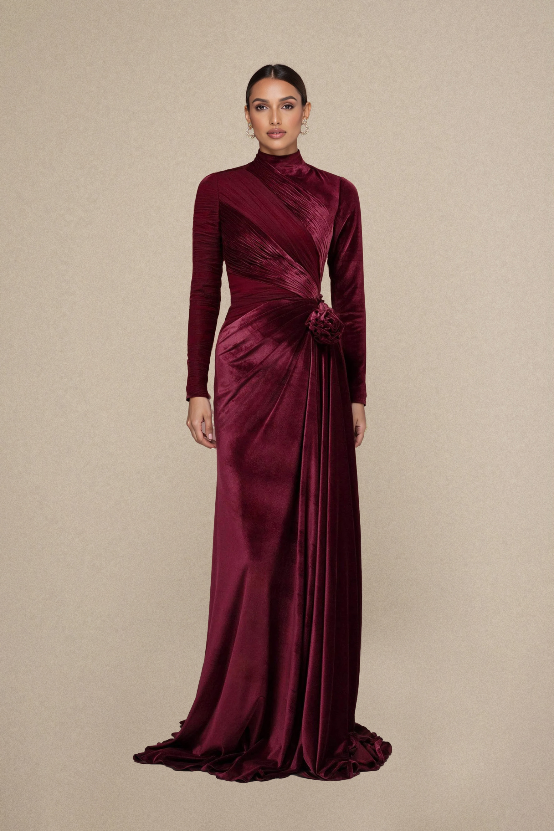 Amelia Floral Ruched Bodice Velvet Maxi Dress