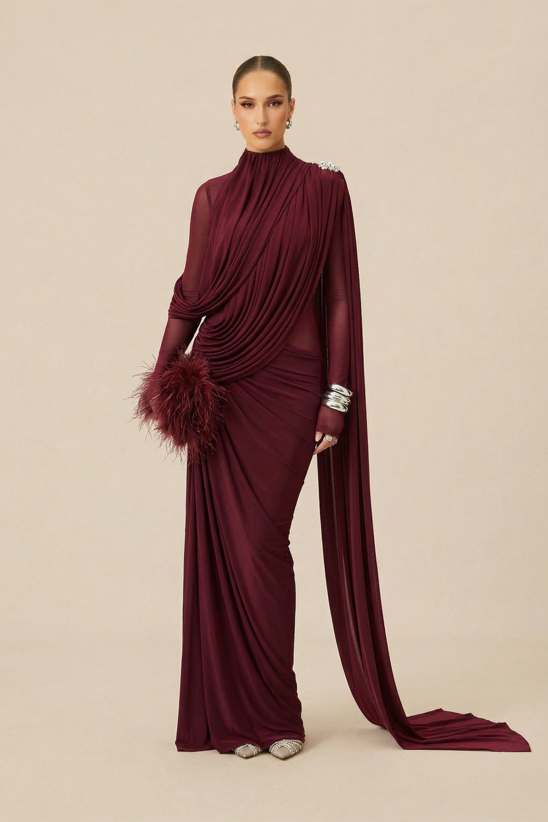 Gala Ready Burgundy Asymmetric Draped Cape Maxi Dress
