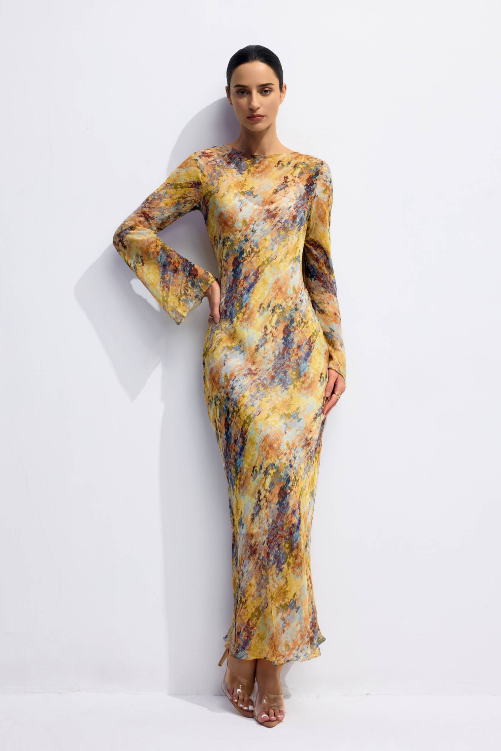 Lane Print Flare Cuffs Maxi Dress