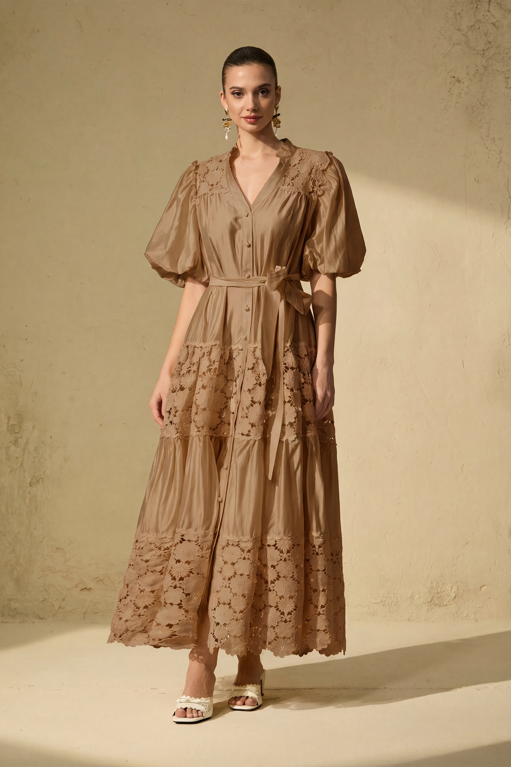 Chic Reverie Puff Sleeve Floral Lace Maxi Dress