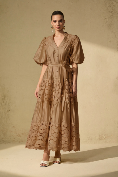 Chic Reverie Puff Sleeve Floral Lace Maxi Dress